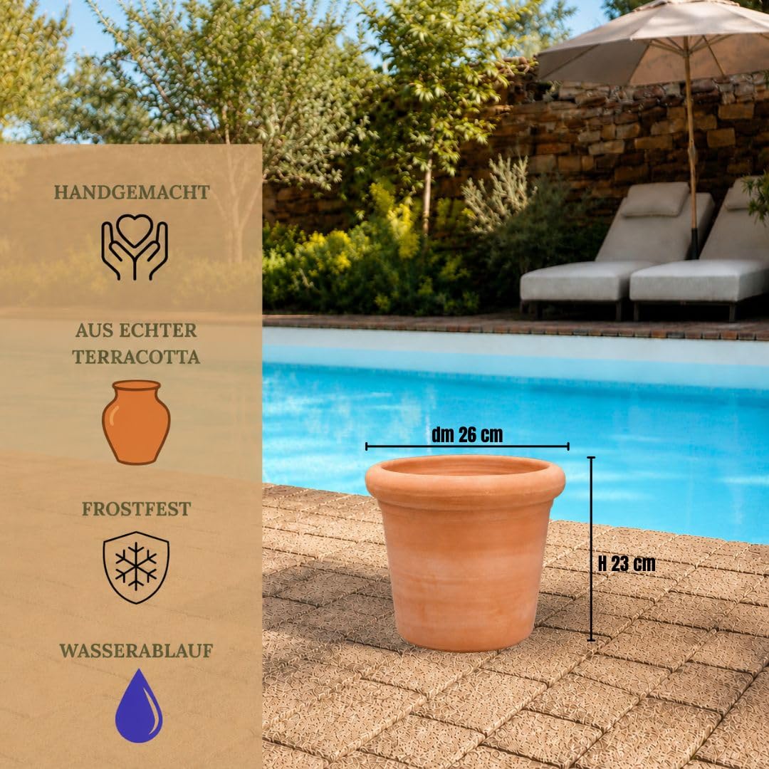 Palatina Werkstatt Pot de fleurs cylindrique en terre cuite 23 cm avec trou de drainage - Pot de fleurs méditerranéen en terre cuite