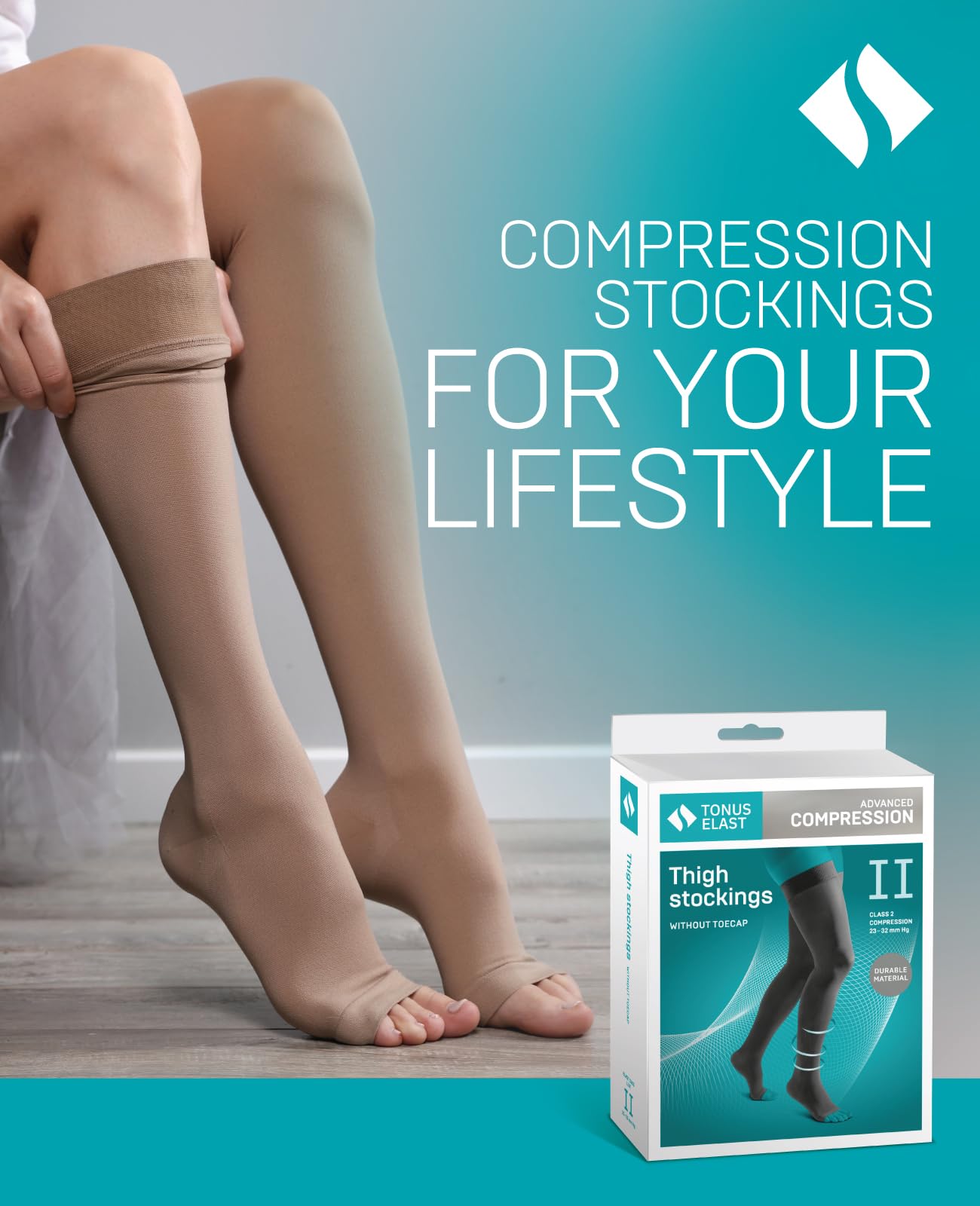 TONUS ELAST Bas de Contention, 23-32 mmHg avec Bande en Silicone, Bout Ouvert, Classe II / CCL 2, Bas de Compression sans Embout pour Femmes & Hommes (L, 158-170 cm, Noir)