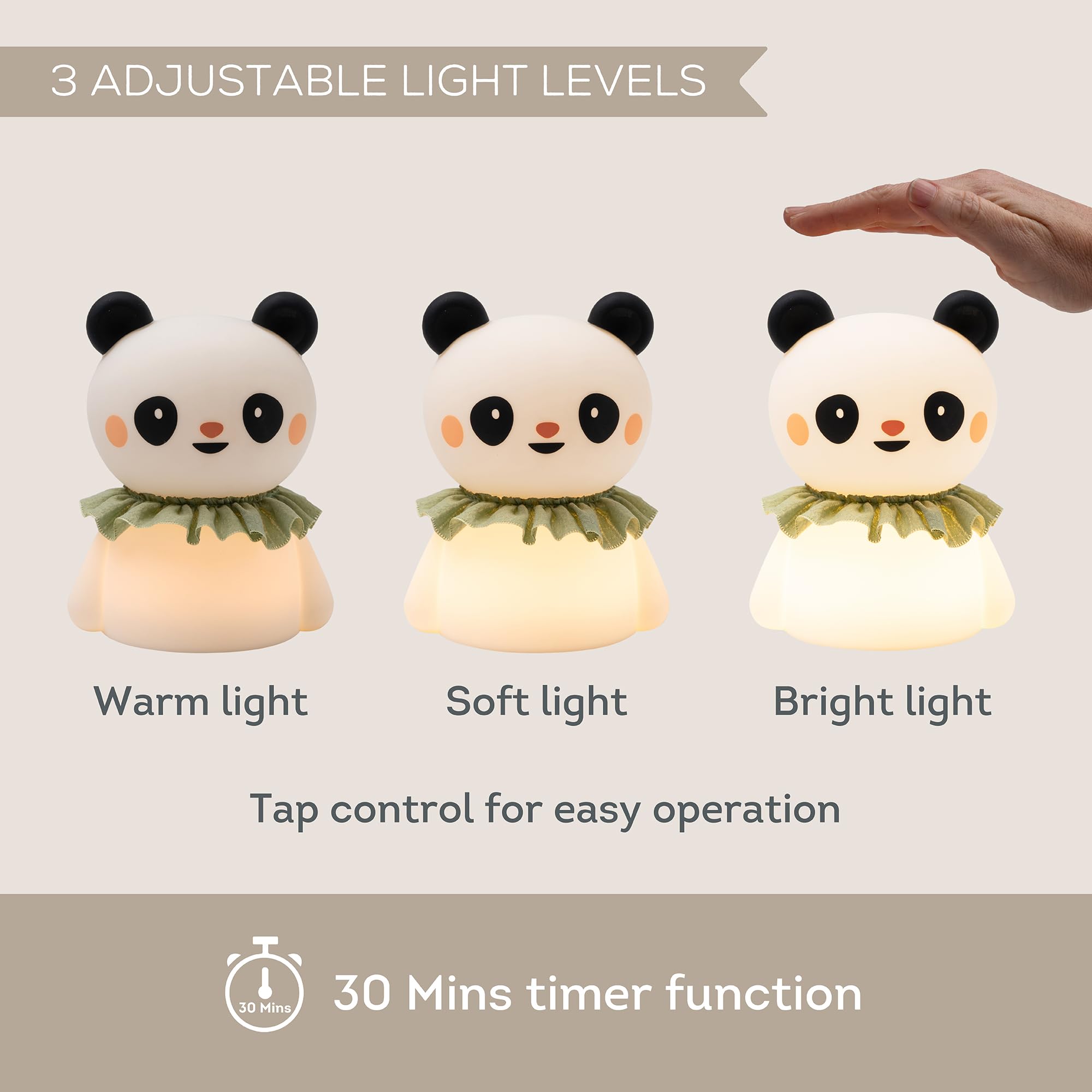 Taf Toys Little Panda Night Light - Soft Silicone Rechargeable Baby Lamp with Three Brightness Settings, Small - Image 3