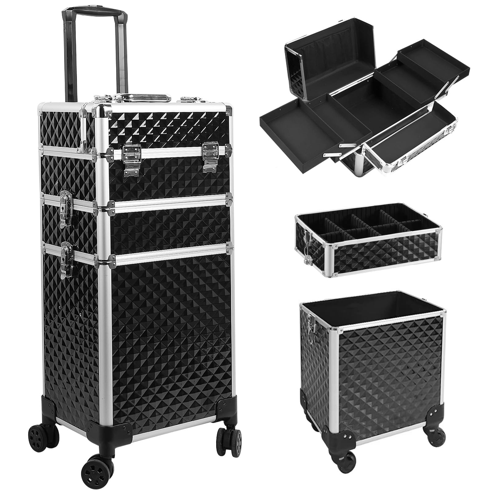 Kalolary 3-in-1 Professional Rolling Makeup Trolley Beauty Cosmetics Vanity Organizer Box Beauty Case On Wheels Storage Case for Artists Beautician (Black)
