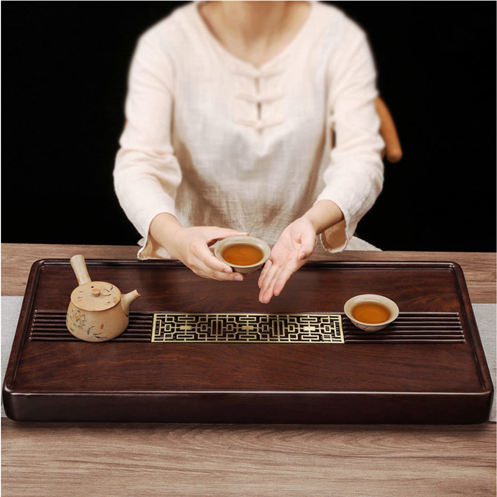 Reservoir Type Tea Tray, Chinese Gongfu Tea Tray with Water Storage, Oolong Tea Tray Cup Platter with Drain Hole, for Living Room, Tea Room, Office (60 * 30 * 4.5cm)