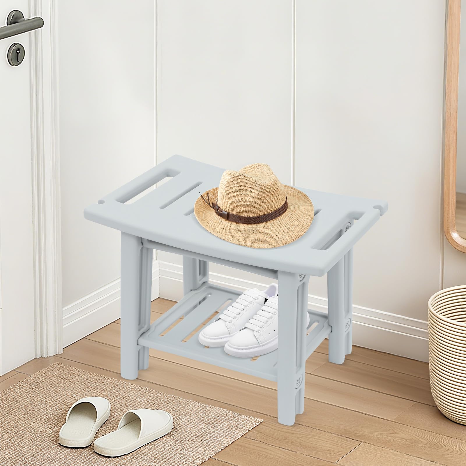 Bancos de ducha, banco de ducha para baño con estante, taburete de ducha de hasta 70 kg, asiento impermeable para baño, ayuda para el baño, asiento de ducha para personas mayores, 56 x 32 x 46 cm