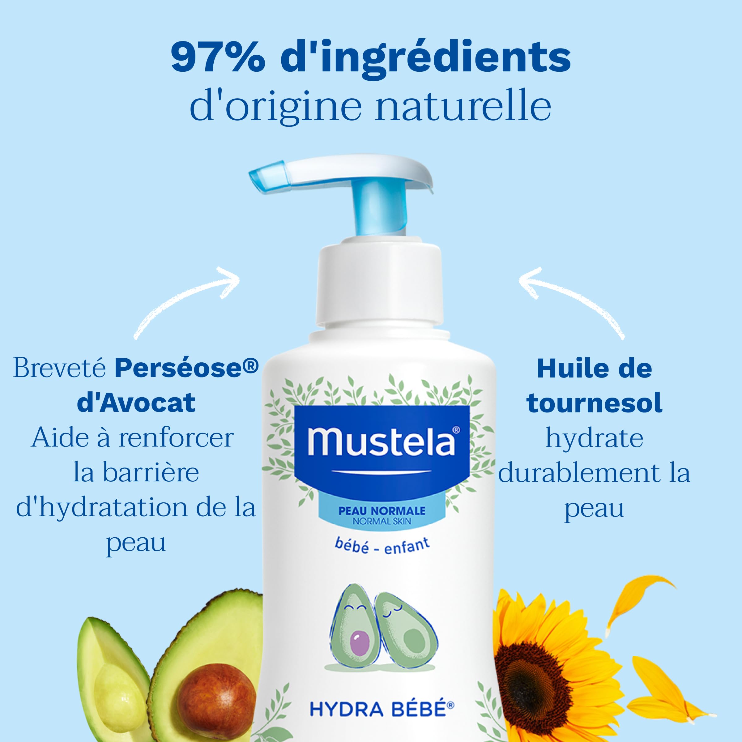 Mustela - Lait corps Hydra Bébé - Soin Fluide Hydratant Enrichi en Avocat BIO - Lait Hydratant Corps - 97% d'Ingrédients d'Origine Naturelle - Produit Bébé Dès la Naissance - Texture Fluide