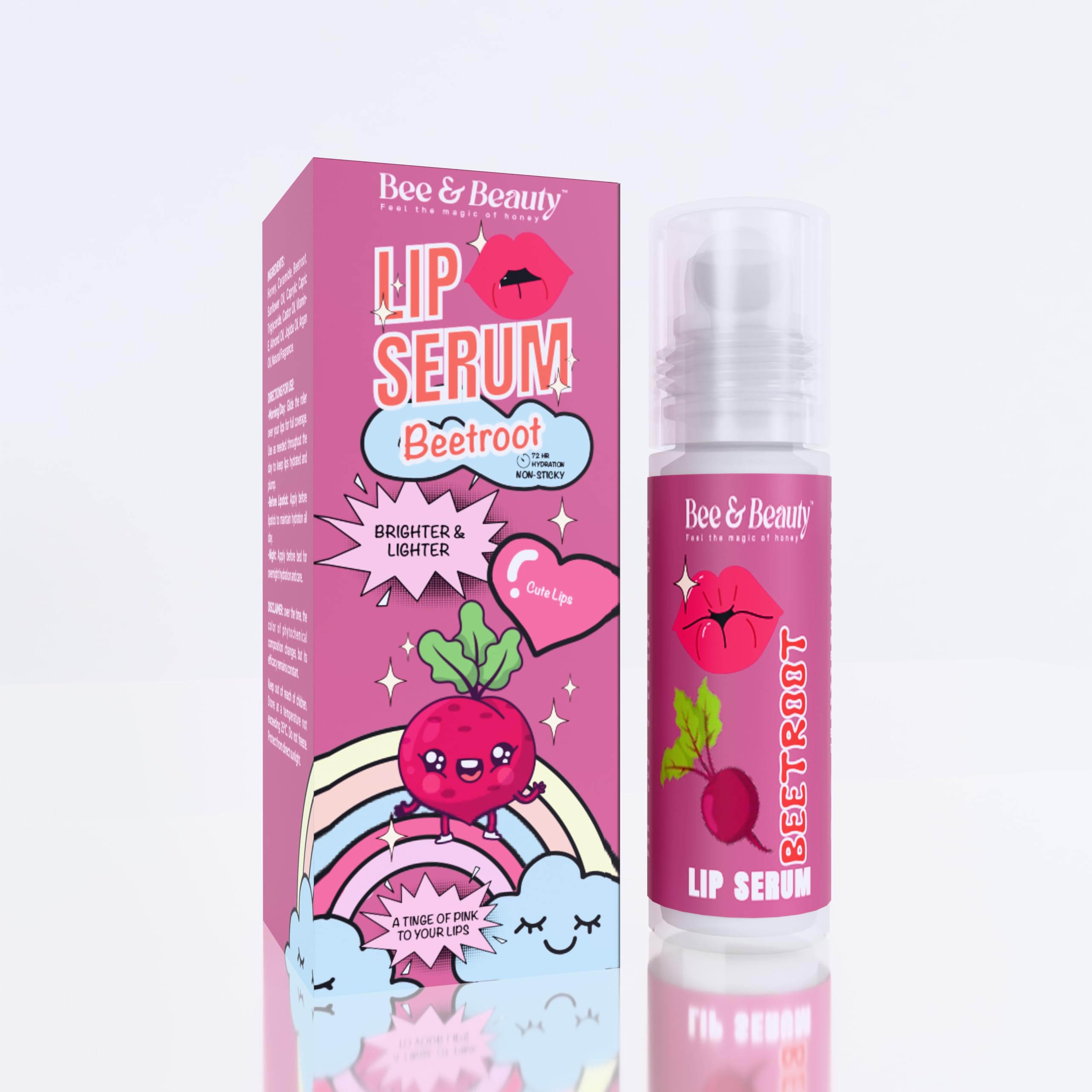 Bee & Beauty Moisturizing Lip Serum Roll On - 5ml | With Beetroot Extract Infusion | Nourishes, Hydrates and Gently Exfoliates | For Men and Women | Natural Pink Lip Roll On For Daily Lip Care