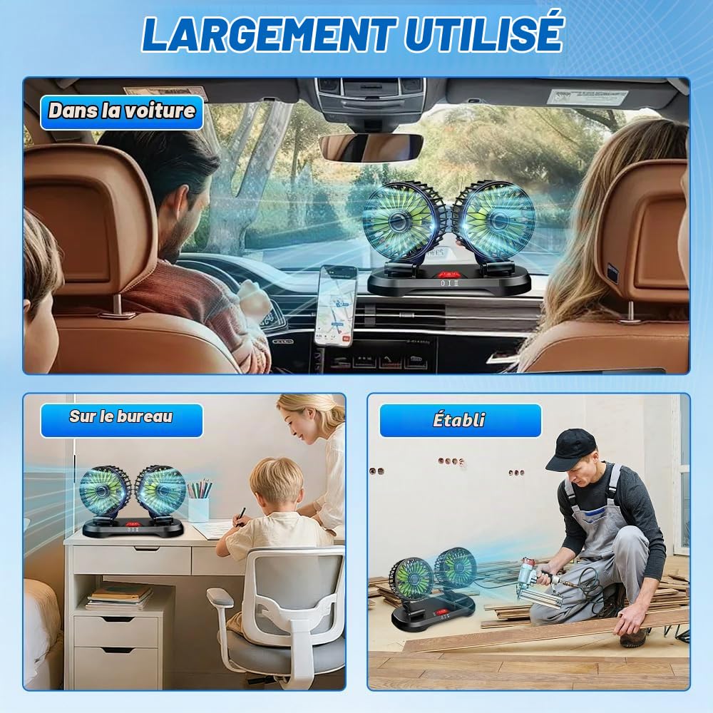 Auto-Ventilateur, 12V Double Tête Ventilateur Auto, Ventilateur Voiture avec Rotation 360° et 2 Vitesses – Se branche sur l'allume-cigare pour SUV, camping-cars, quads et bateaux