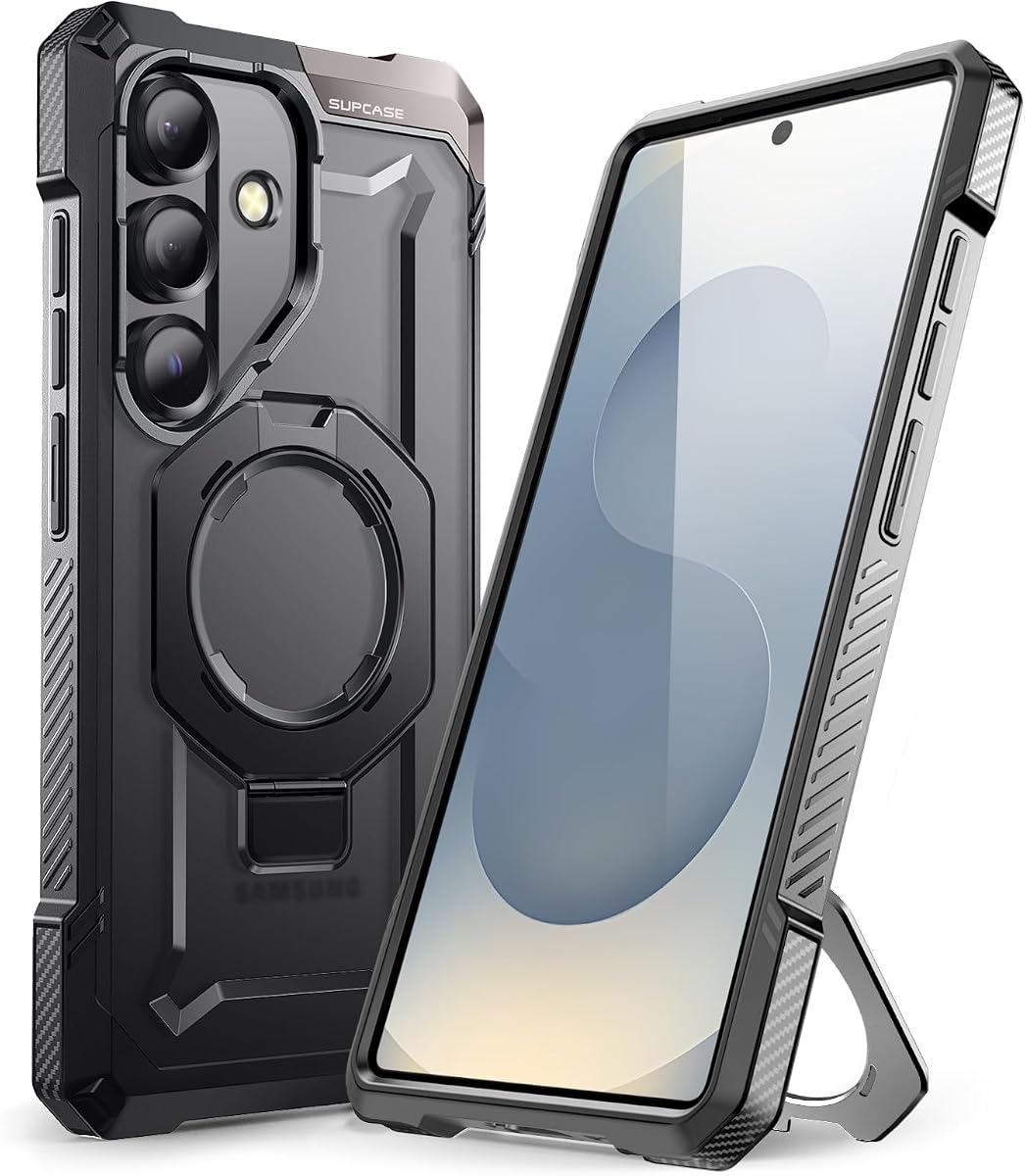 para Samsung Galaxy S25 FE Funda con Soporte Incorporado, Negro | Placa posterior de PC translúcida, fuerte magnético, compatible con MagSafe, protección resistente, antideslizante, agarre de escarabajo unicornio