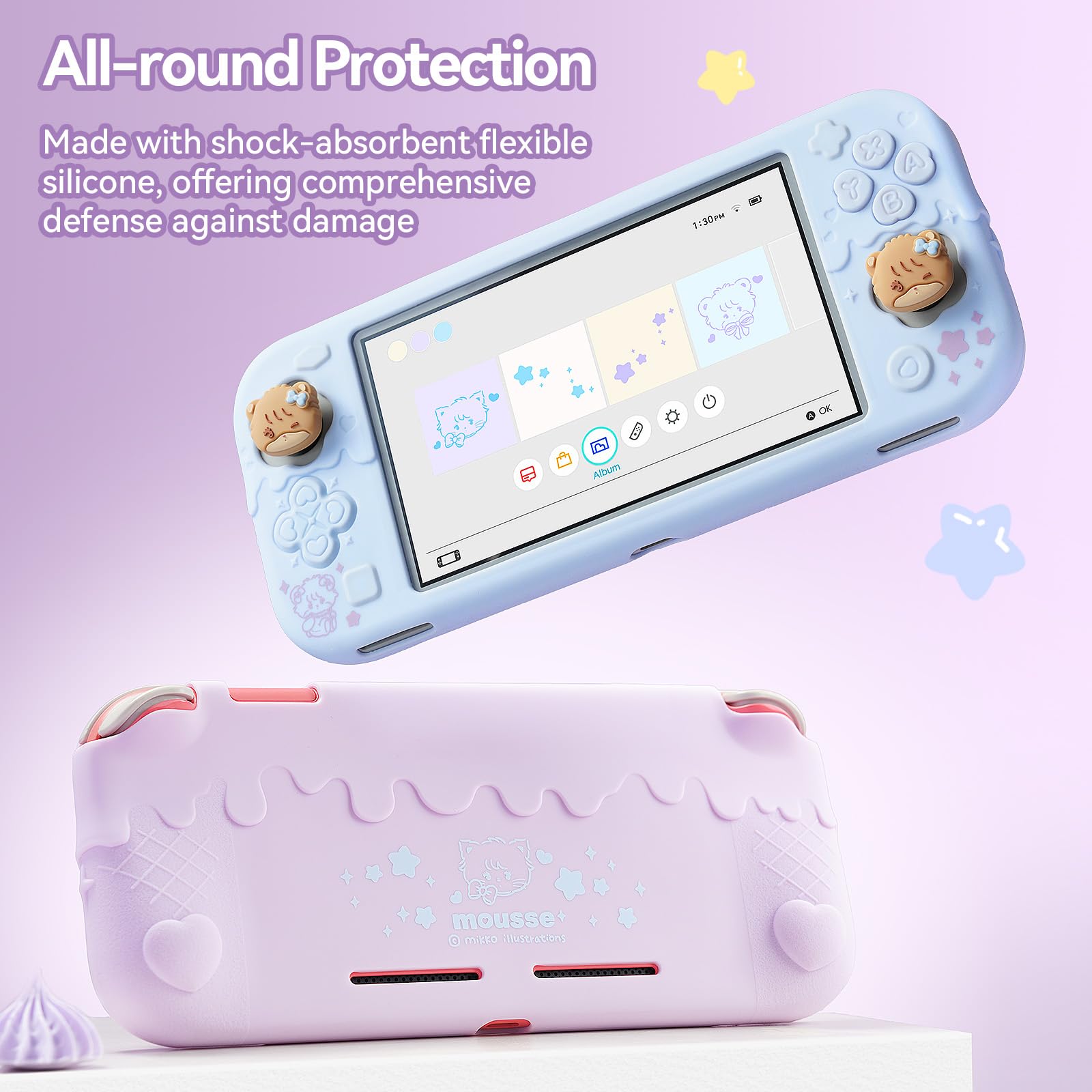 GeekShare Miękka Ochrona Silikonowa Kompatybilna z Switch Lite, Słodka Obudowa z Wzorem Mrożonek Miękka dla Switch Lite z 2 Pokrywami na Kciuki - Fioletowy Mikko