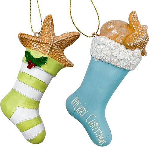 Needzo Adornos para árbol de Navidad con temática de playa, estrellas de mar y conchas de mar en medias, decoración náutica para colgar, 5 pulgadas,