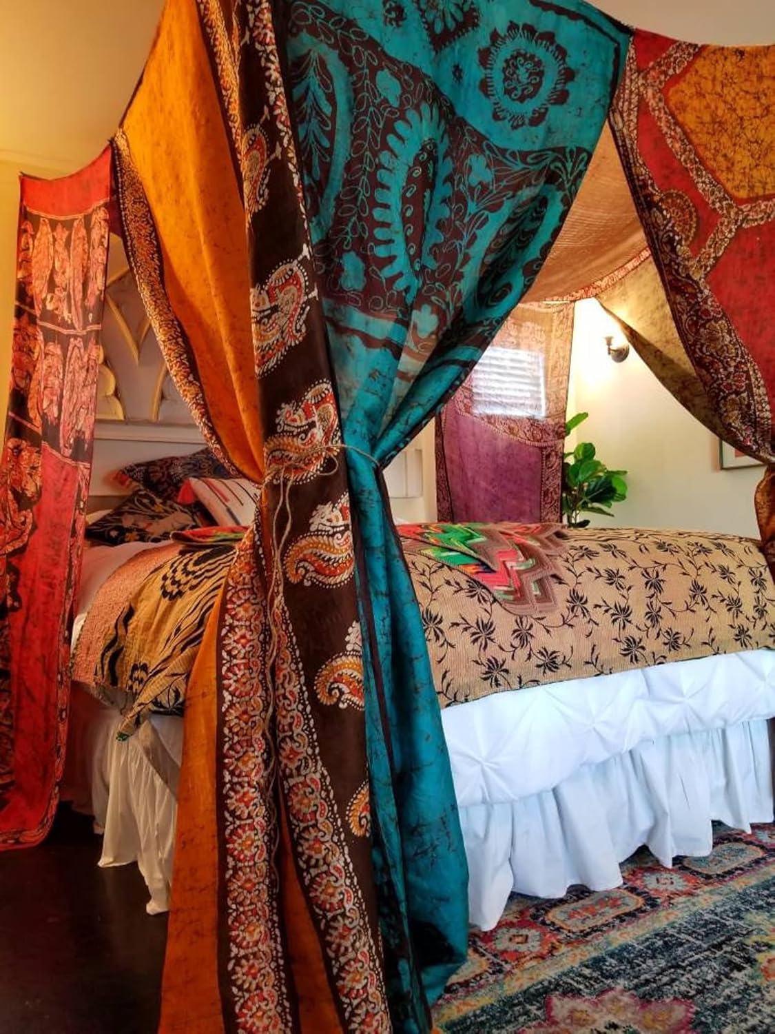 Betthimmel-Vorhänge, indische Seide, Sari, Sari, Boho-Vorhänge, böhmische Dekoration, böhmische Hochzeit, Hintergrund (Multi 1, Queen)