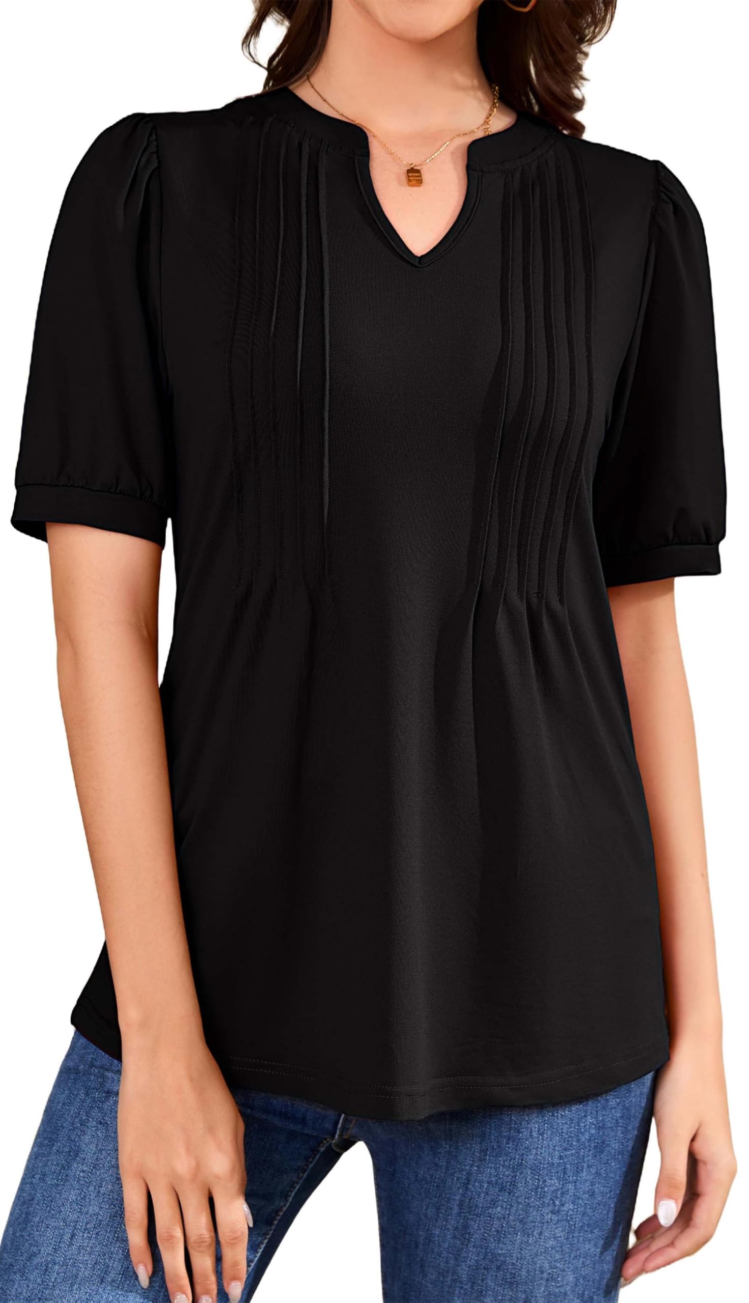 WUWUSKY Sommerbluse Damen Kurzarm T Shirt mit V-Kragen und Blumenprint Falten Oberteile