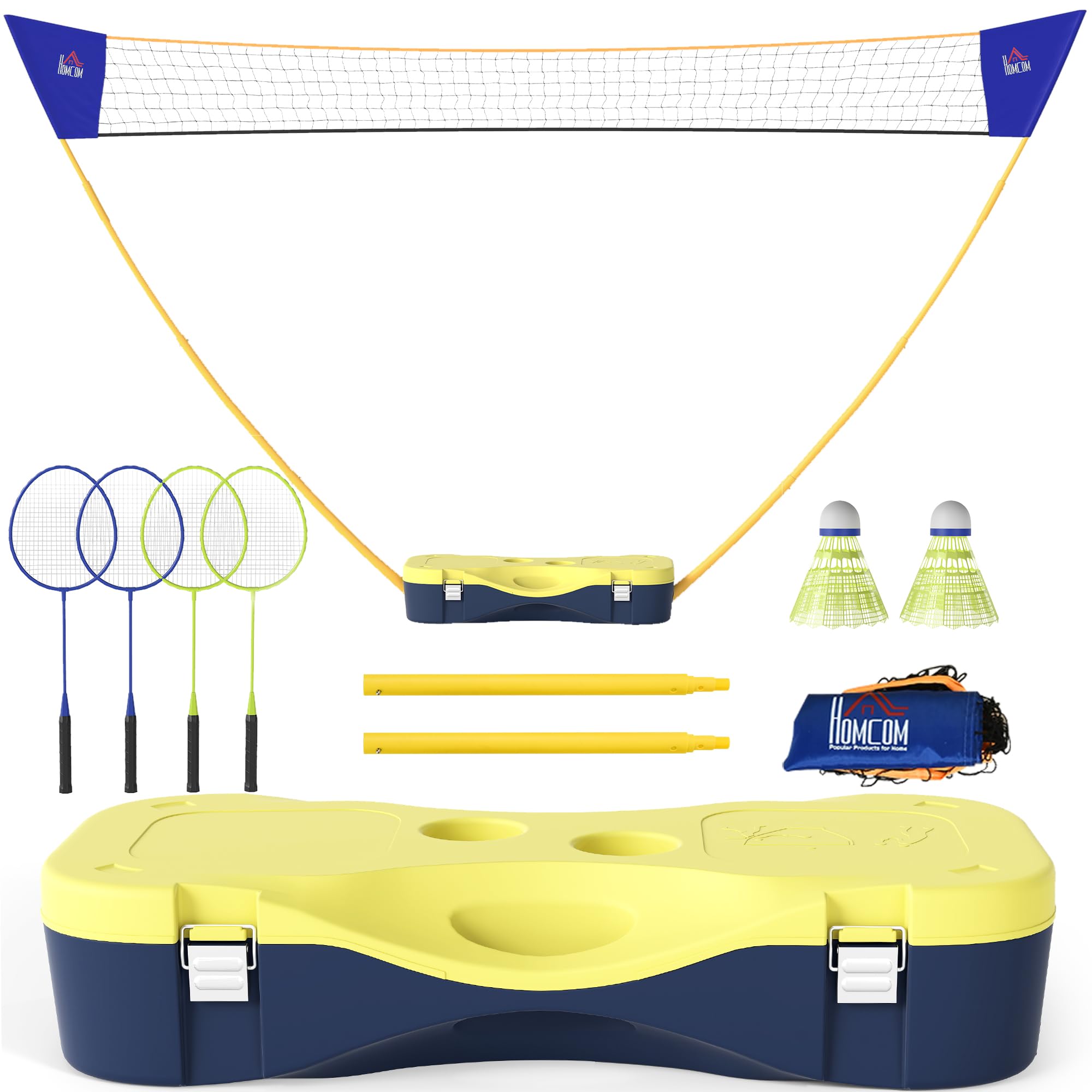 HOMCOM Red de bádminton con Soporte, Soporte de Red de bádminton portátil, Red de bádminton con 4 Raquetas de bádminton, Deportes al Aire Libre, Amarillo y Azul, 286 x 33 x 157 cm