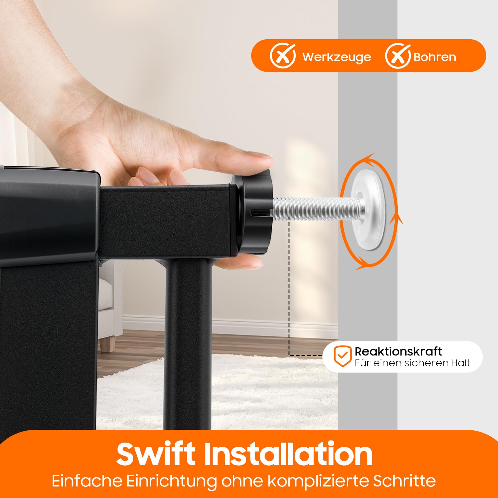Barrera de seguridad para escaleras, sin agujeros, 150 cm, para niños, para perros, con cierre automático, ajustable, 76-85 cm, color negro