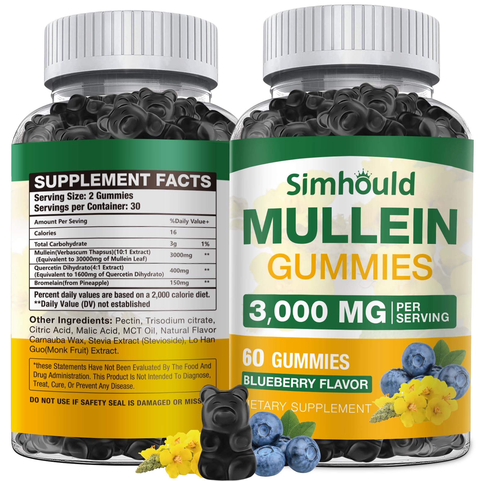 1 Pack Sugar Free 3000MG Mullein Gummies - Lung Cleanse, Mullein Leaf Extract Supplement for Respiratory, Organic Mullein Drops with Quercetin & Bromelain for Lung, Digestive Health & Immune
