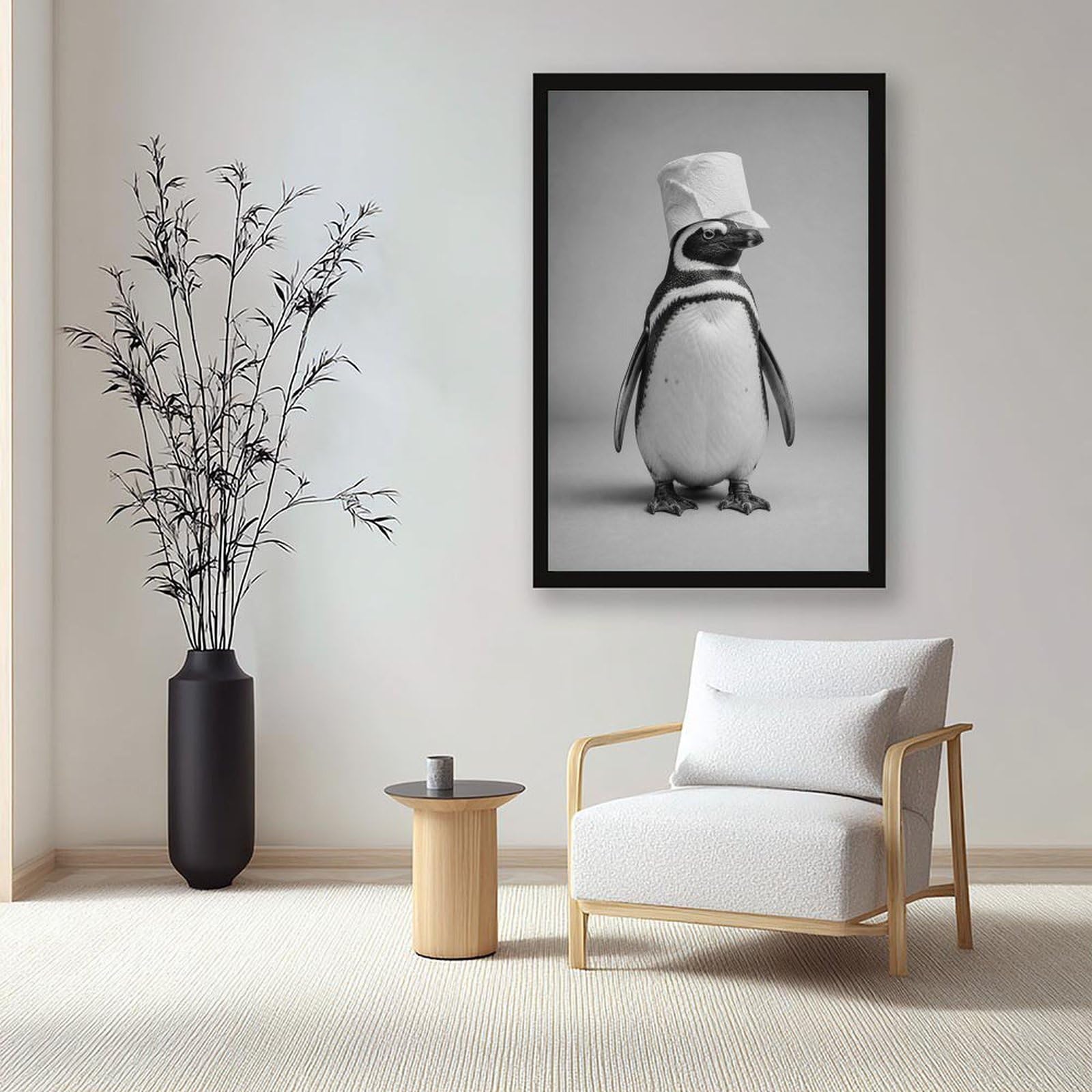 Minimalistischer, einfarbiger Pinguin mit Toilettenpapierhut, schlichter grauer Hintergrund, Leinwand-Kunst-Poster, humorvoll, niedlicher Tier-Porträtdruck, Neuheit, Wanddekoration für Badezimmer
