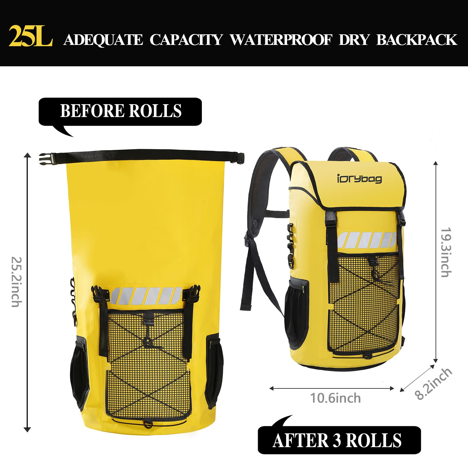 IDRYBAG Sac à Dos Étanche pour Hommes 25L/45L, Sacs Étanches pour Kayak, Sac à Dos Étanche pour Randonnée. Jaune 25L