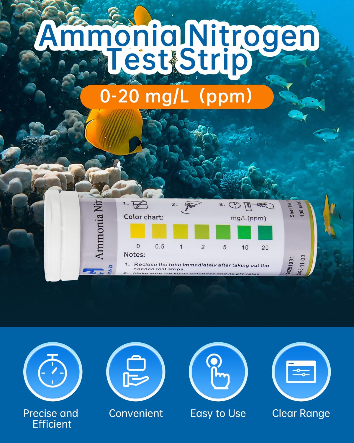 0-20 ppm Ammonia Test Strip, 100Strips, Contains 6ml Activator, Accurate Readings, Easy to Use, Ammonia Test Kit for Fish Tanks, Ponds, Aquaculture, Freshwater Aquarium - image 2