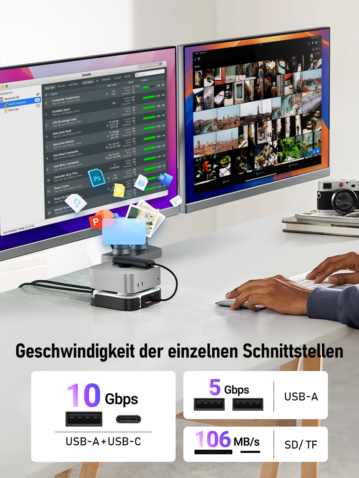 Lemorele Mac mini M4 Dock con DisplayPort 4K@60Hz per configurazioni a doppio monitor, 4 porte USB 3.2/3.0, slot SSD M.2 NVMe a 10Gbps, lettore di schede SD/TF con Mac mini M4/M4 Pro