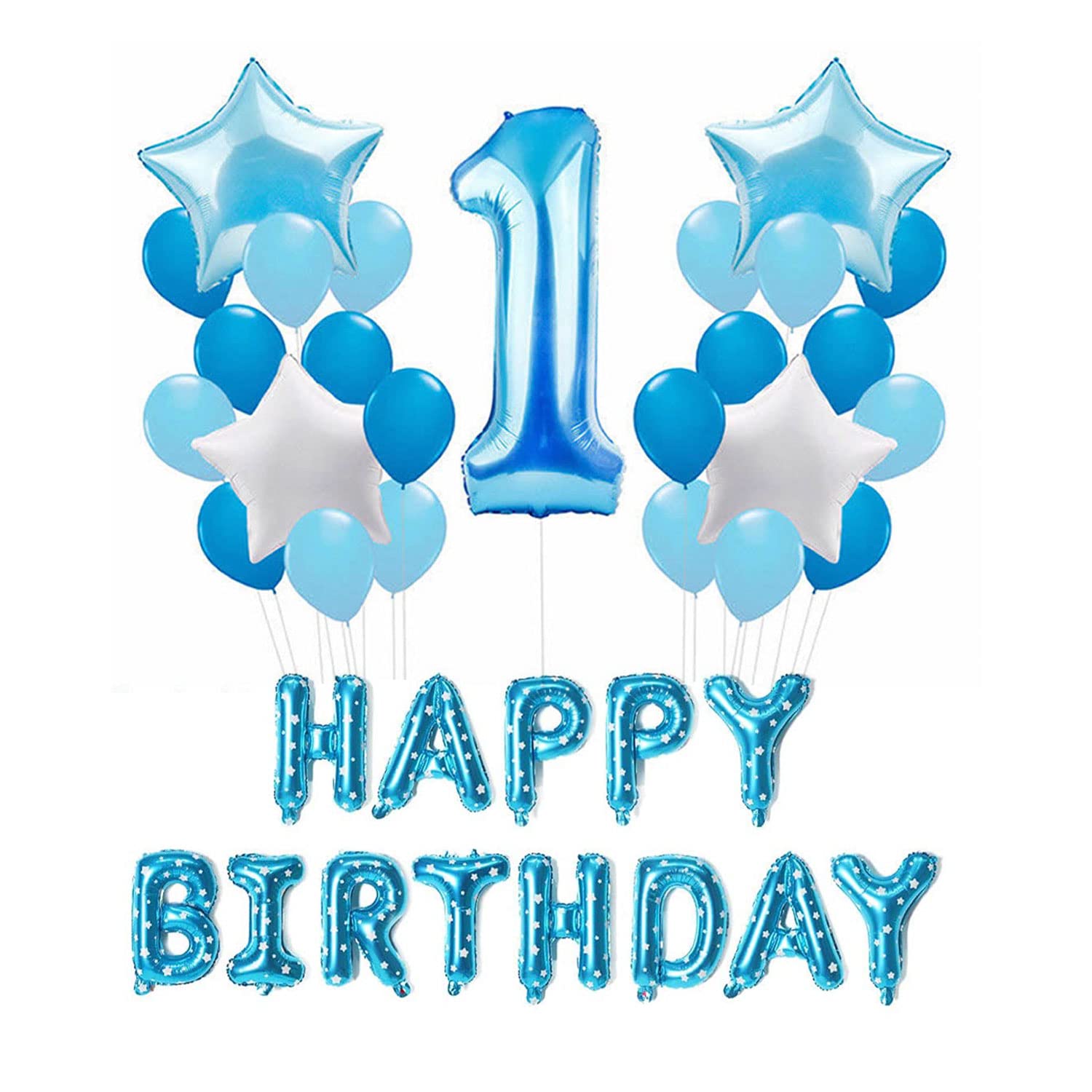 Trimming Shop Baby Boy 1st Birthday Decorations Kit, Blue Party Decoration Set, Large Helium Foil Number 1 & Happy Birthday Foil Balloons for Birthday Party Supplies