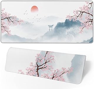 Japanese Cherry Blossom Gaming Mouse Pad Watercolor Sakura Large Mouse Pad Extended White Mousepad with Stitched Edges Keyboard Mouse Mat 3mm for Home Office 31.5 x 11.8 Inch, Cherry Blossom 1