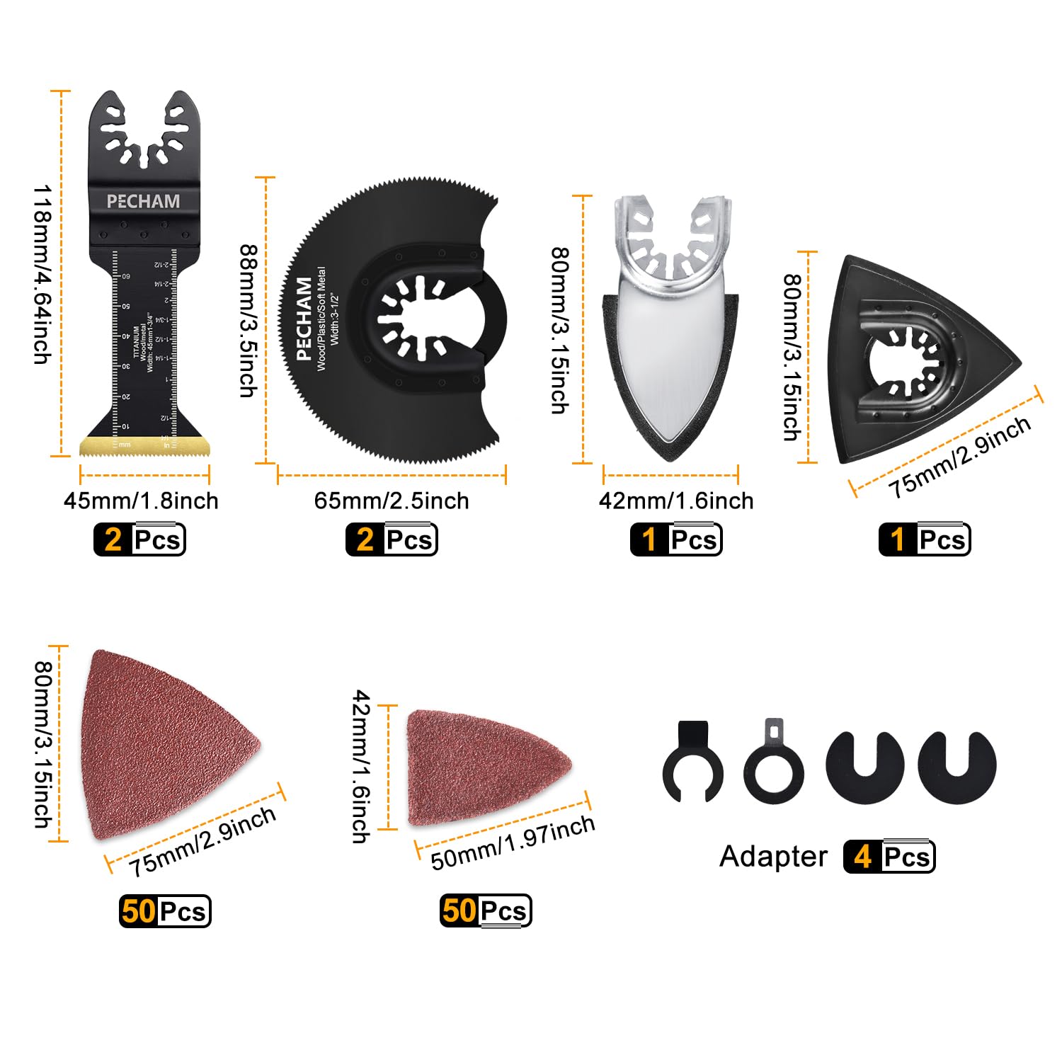 PECHAM 128 lame oscillanti per utensili, taglio di legno e metallo e carta vetrata, accessori per utensili oscillanti con denti rapidi in titanio, lama multitool per utensili giapponesi per più