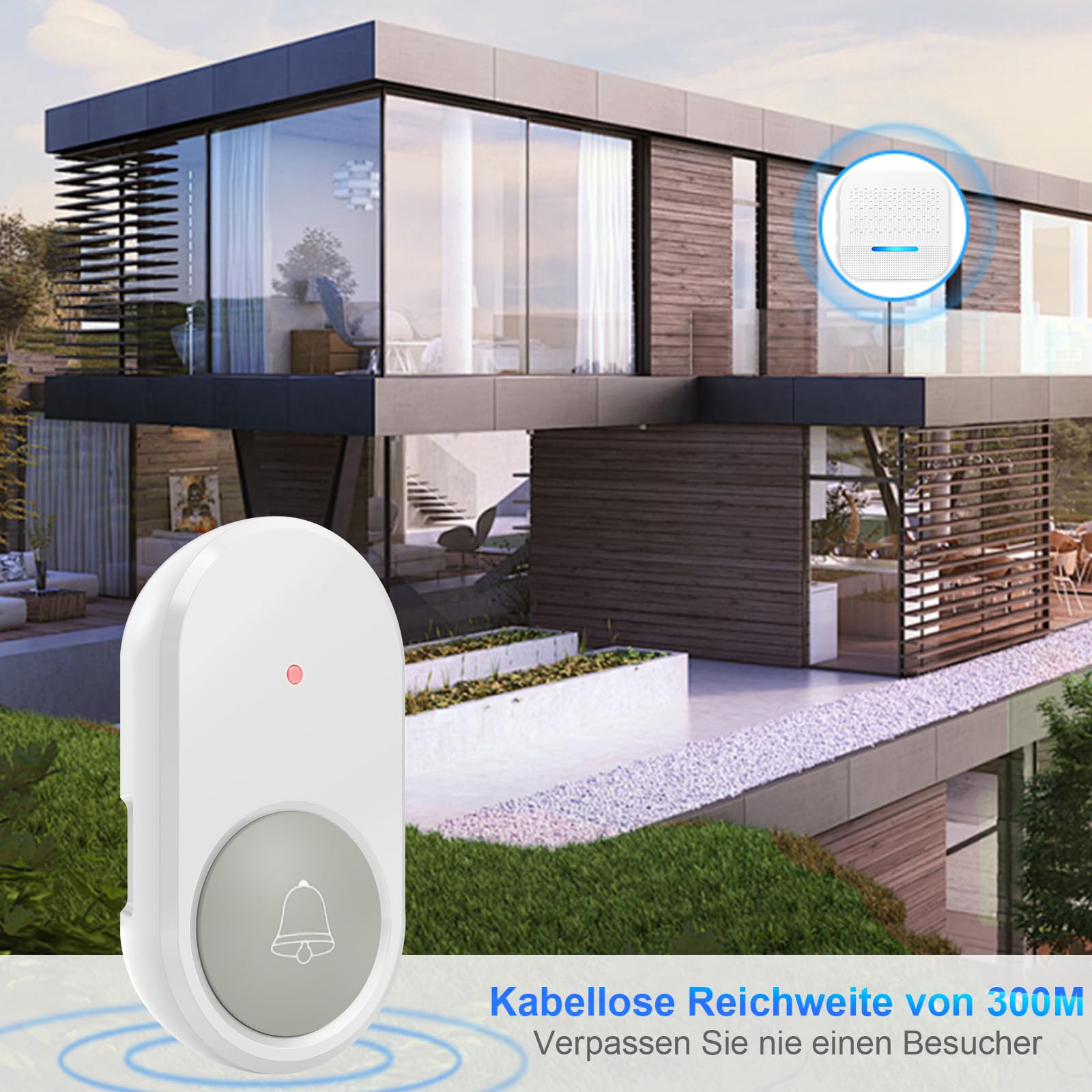 SURFOU Timbre Inalámbrico Exterior Impermeable con Batería 300M de Distancia e Enchufe Receptores Timbre para Casa 55 Tonos Incluidos de Navidad 5 Niveles de Volumen e Indicador LED, Blanco