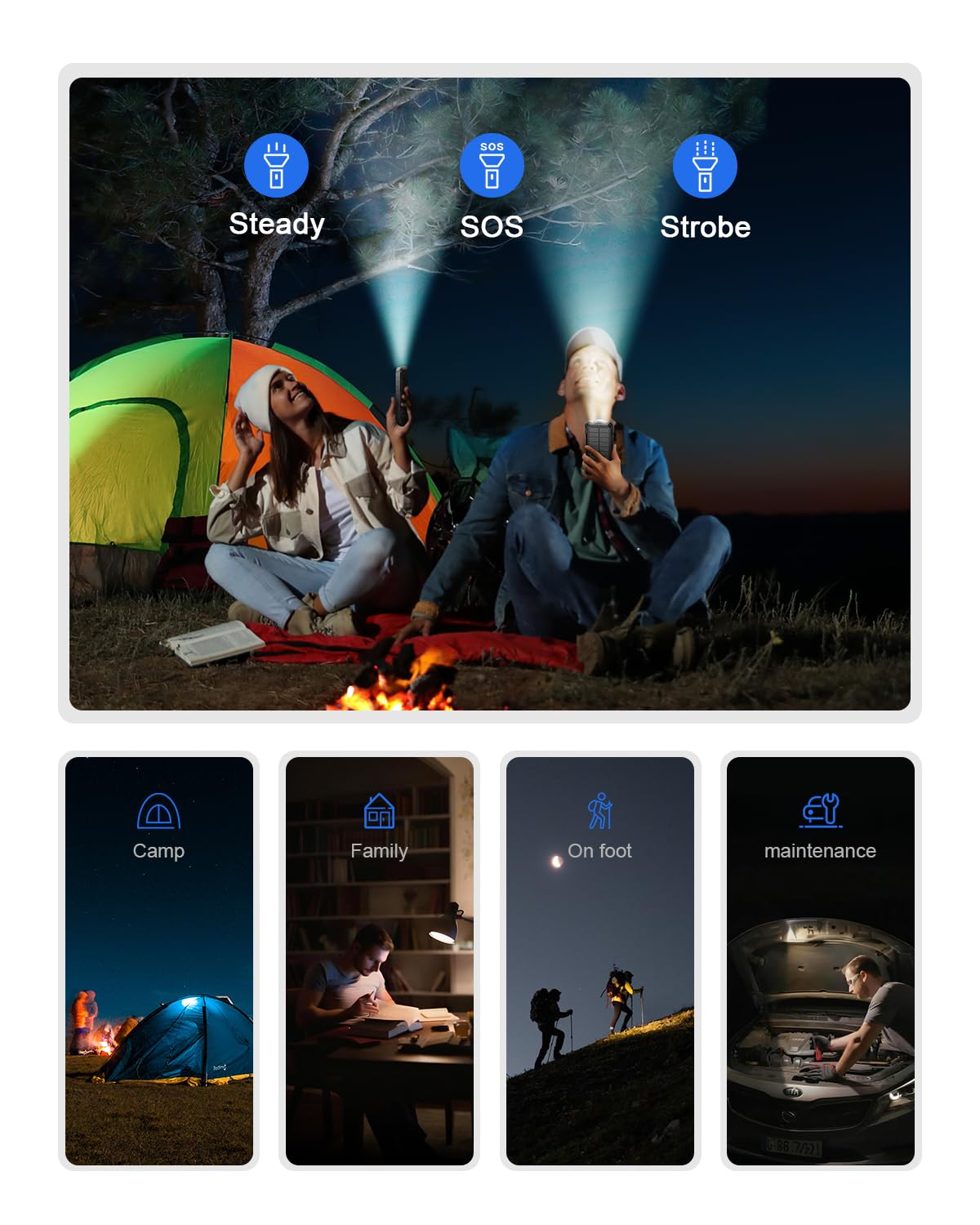 Power Bank Solare, Caricabatterie Portatile Wireless per Cellulari da 26800mAh, Batteria Esterna a Ricarica Rapida QC3.0 da con 4 Cavi Integrati, Ingresso/Uscita USB-C, con Doppia Torcia per Esterni