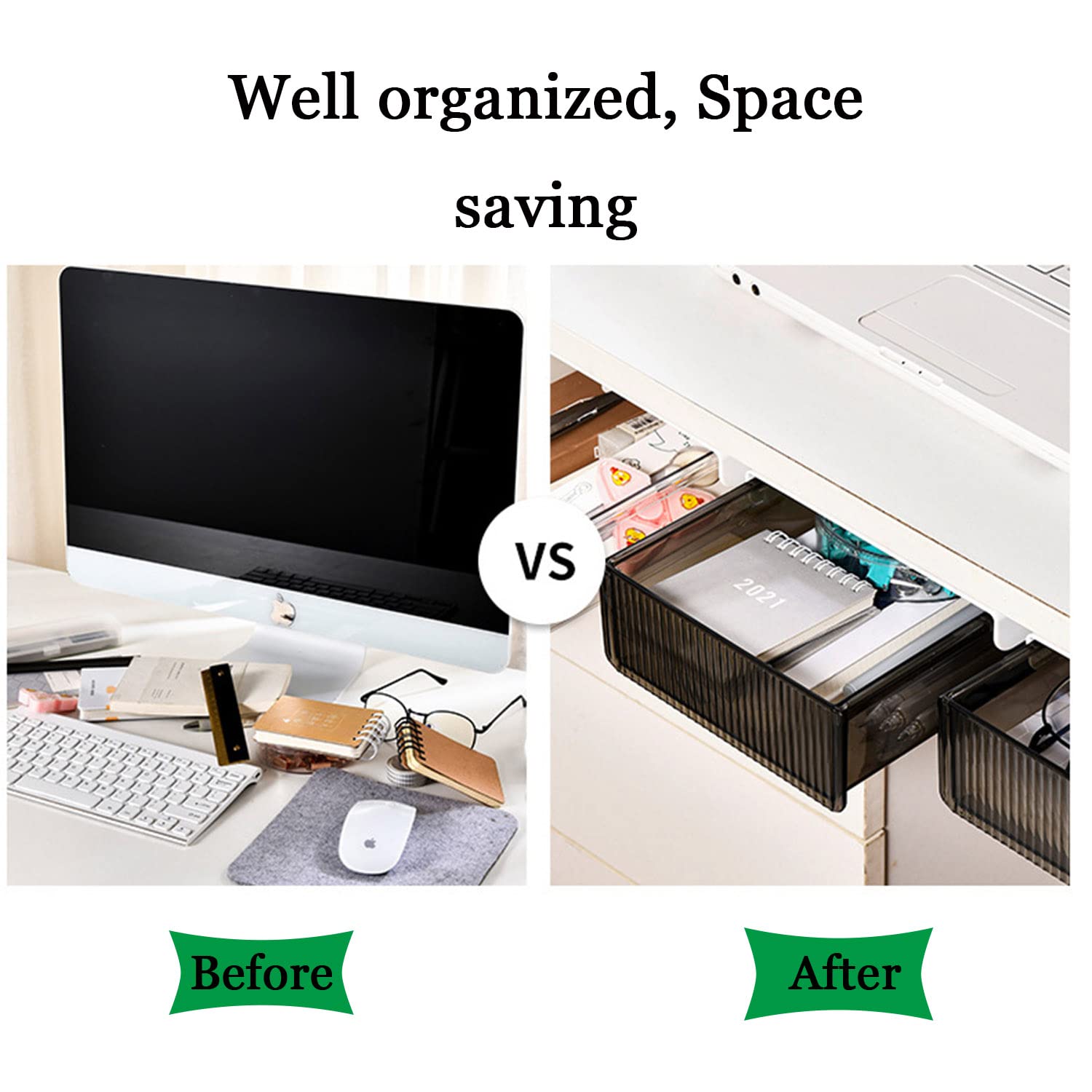 Sous le Tiroir de Bureau Grande Boîte de Rangement Cachée de Support Auto-adhésif Organiseur de Bureau de Crayon en Plastique pour Maison Ecole (noir, L: 23 x 33 X 8 cm)