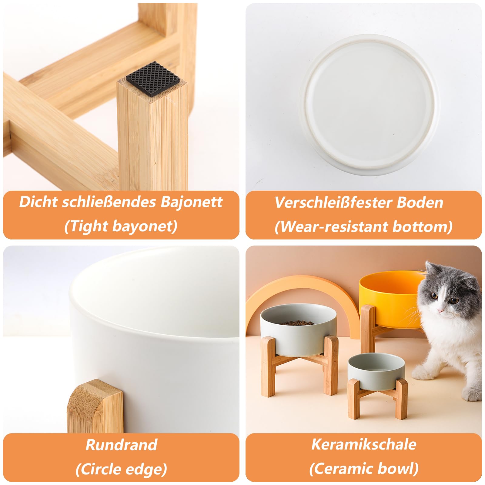 Oungy Ceramic Raised Dog Bowl with Bamboo Stand - 2 Pack with Non-Slip Mat, Ceramic Dog Bowl for Dogs and Cats (850ml, White) - Image 3