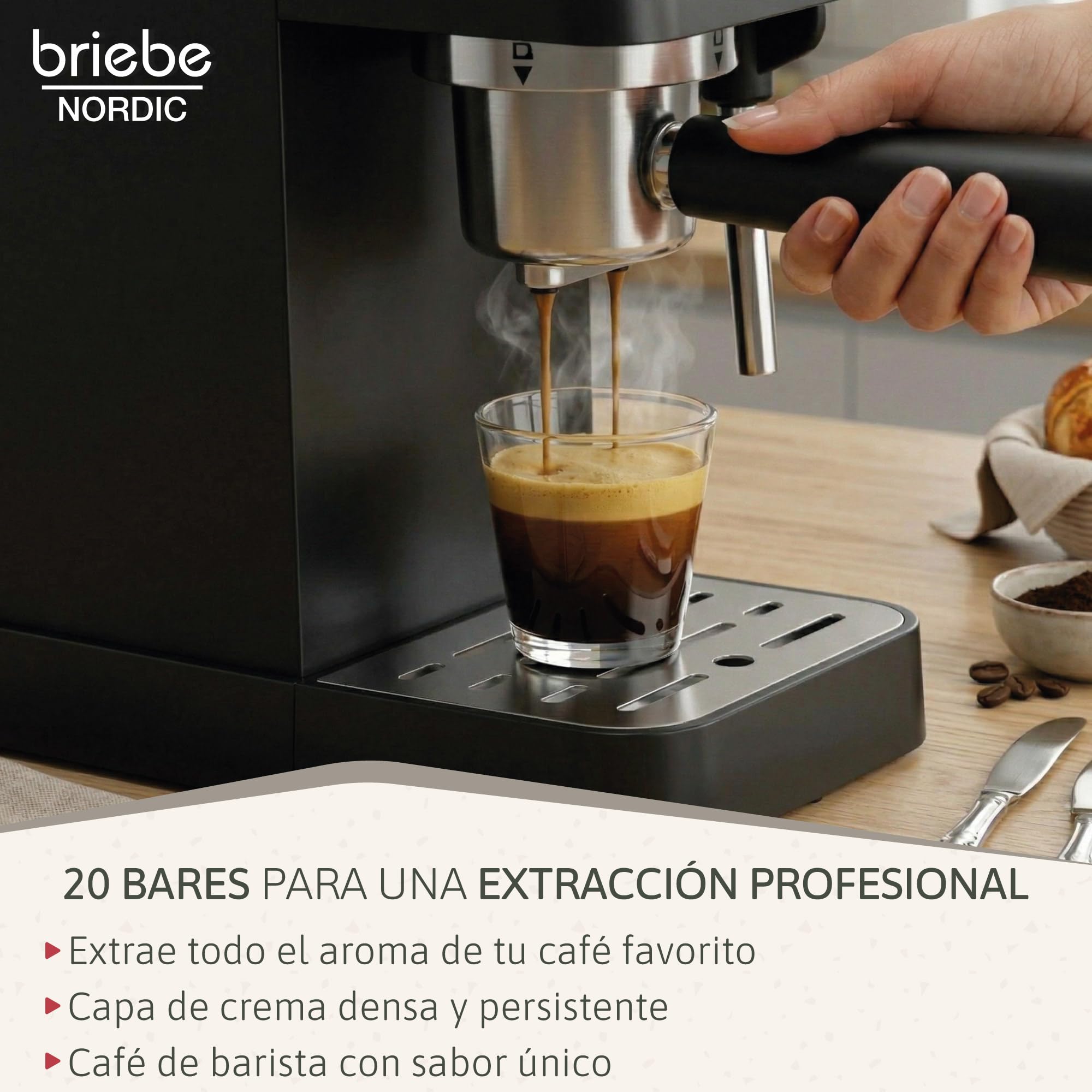 briebe Nordic Set Cafetera Espresso 20 Bares Cápsulas y Café Molido + Hervidor Agua Eléctrico 1,7L Inalámbrico 2200W + Tostadora Ranura Ancha 2 Rebanadas, Pack Desayuno Diseño Nórdico (Negro)