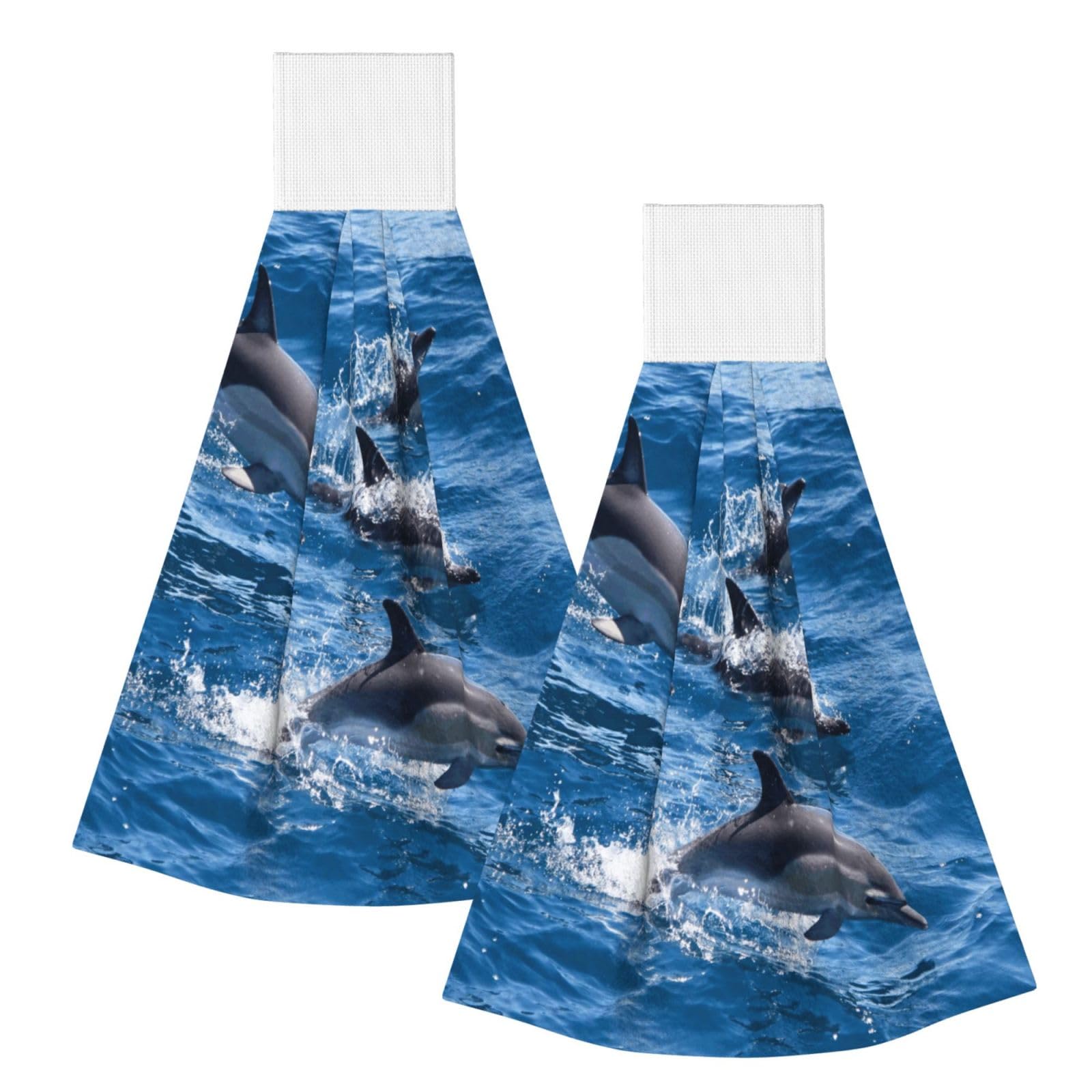 DOPKLNA Dolphins In The Sea, 2 Pcs Hanging Coral Fiber Hand Towels for Bathroom, Absorbent Kitchen Towels