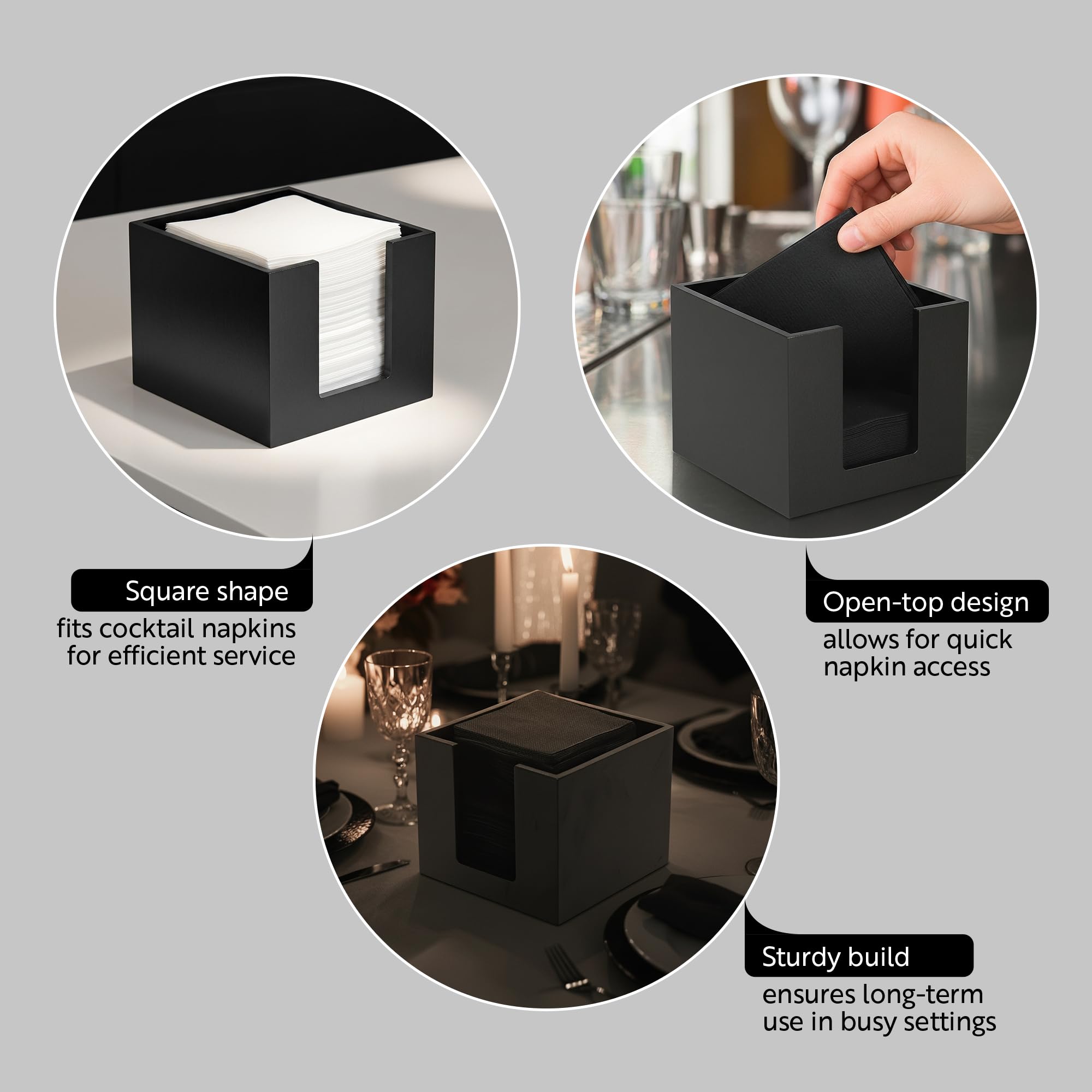 Restaurantware Servilletero de cóctel de 5.5 x 4 pulgadas, 1 servilletero cuadrado plano, para bares, mesas de cocina o encimeras, soporte resistente de bambú negro para decoración de comedor