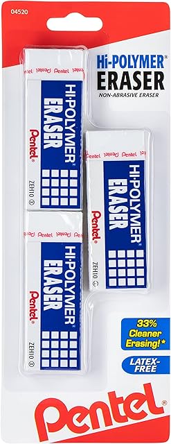Pentel Hi-Polymer Block Eraser, Large, 3 Pack, White (ZEH10BP3-K6)