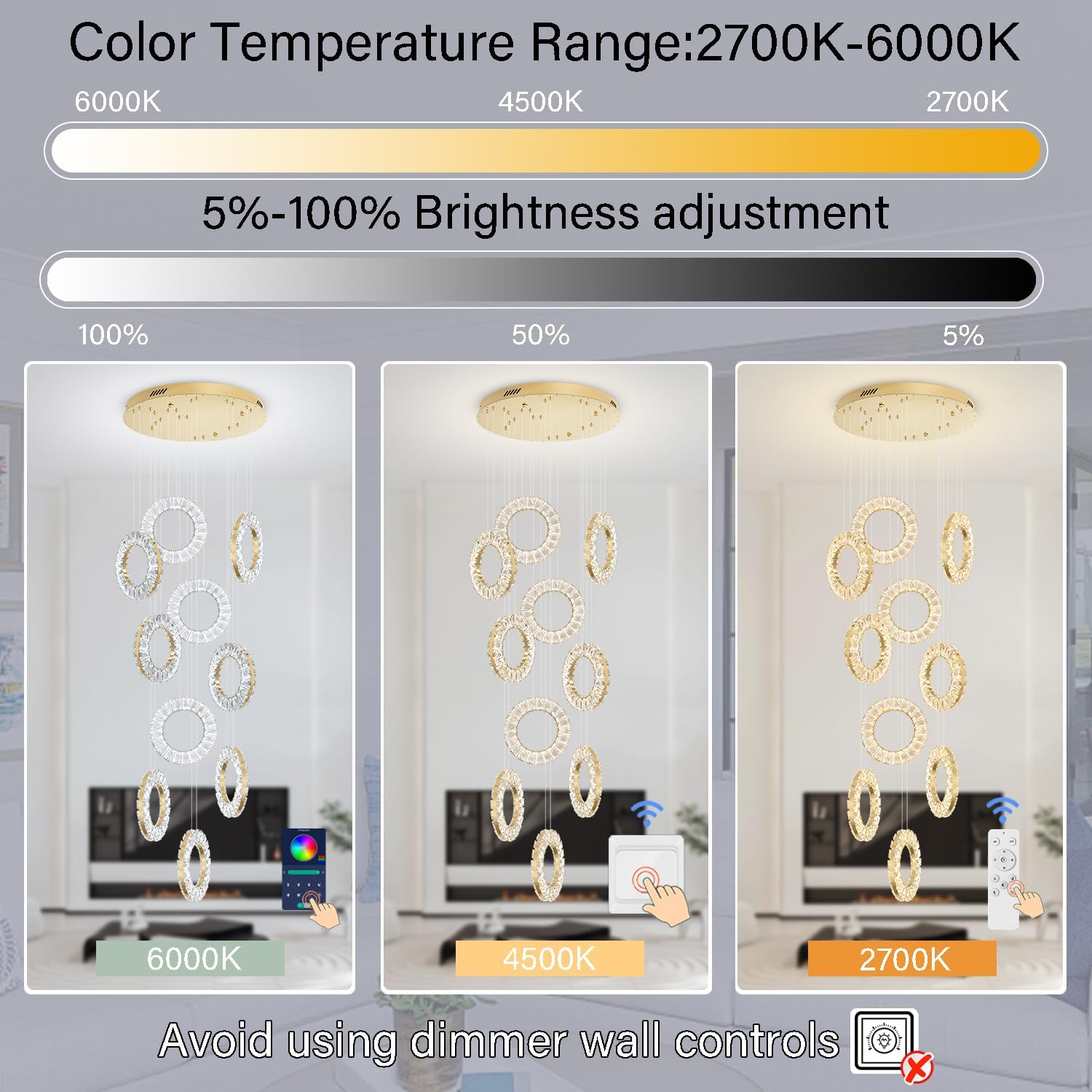 Modern Crystal Chandelier 10 Ring Chandeliers for High Ceiling Dimmable Gold Contemporary Chandeliers Crystal Pendant Light Fixture for Living Room Foyer Staircase