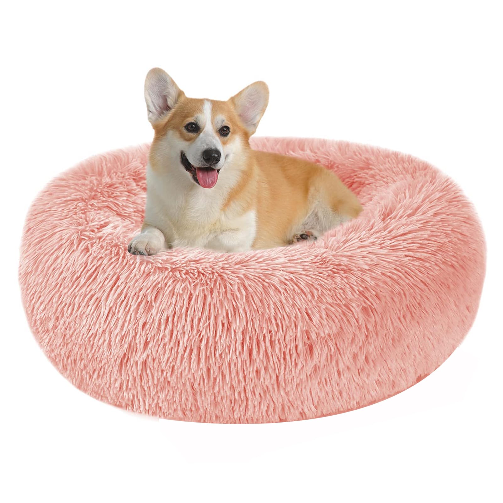 Calming Donut Dog Bed for Large Medium Dogs, XL Fluffy Anti Anxiety Dog Beds with Removable Washable Cover, Luxury Cozy Cuddler Round Long Plush Pet Bed with Anti-Slip Bottom,Light Pink,70cm/27.56”