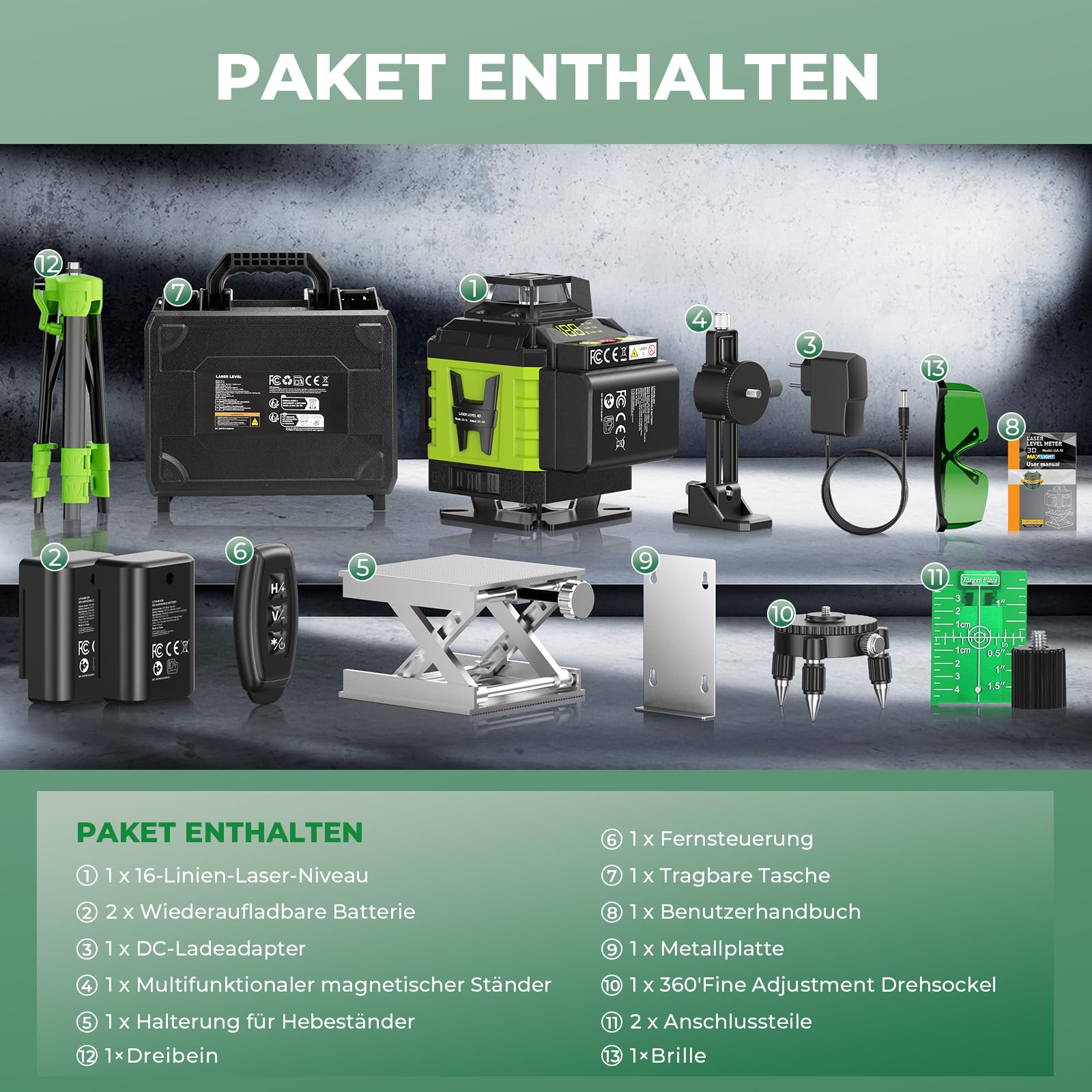 Kreuzlinienlaser Grün 16 Linien Nivellierlaser mit Stativ, 4 x 360 ° Laser wasserwaage, linienlaser kreuzlaser selbstnivellierend für Innenbereich Baustelle, 2 x Batterie Vermessungskabine