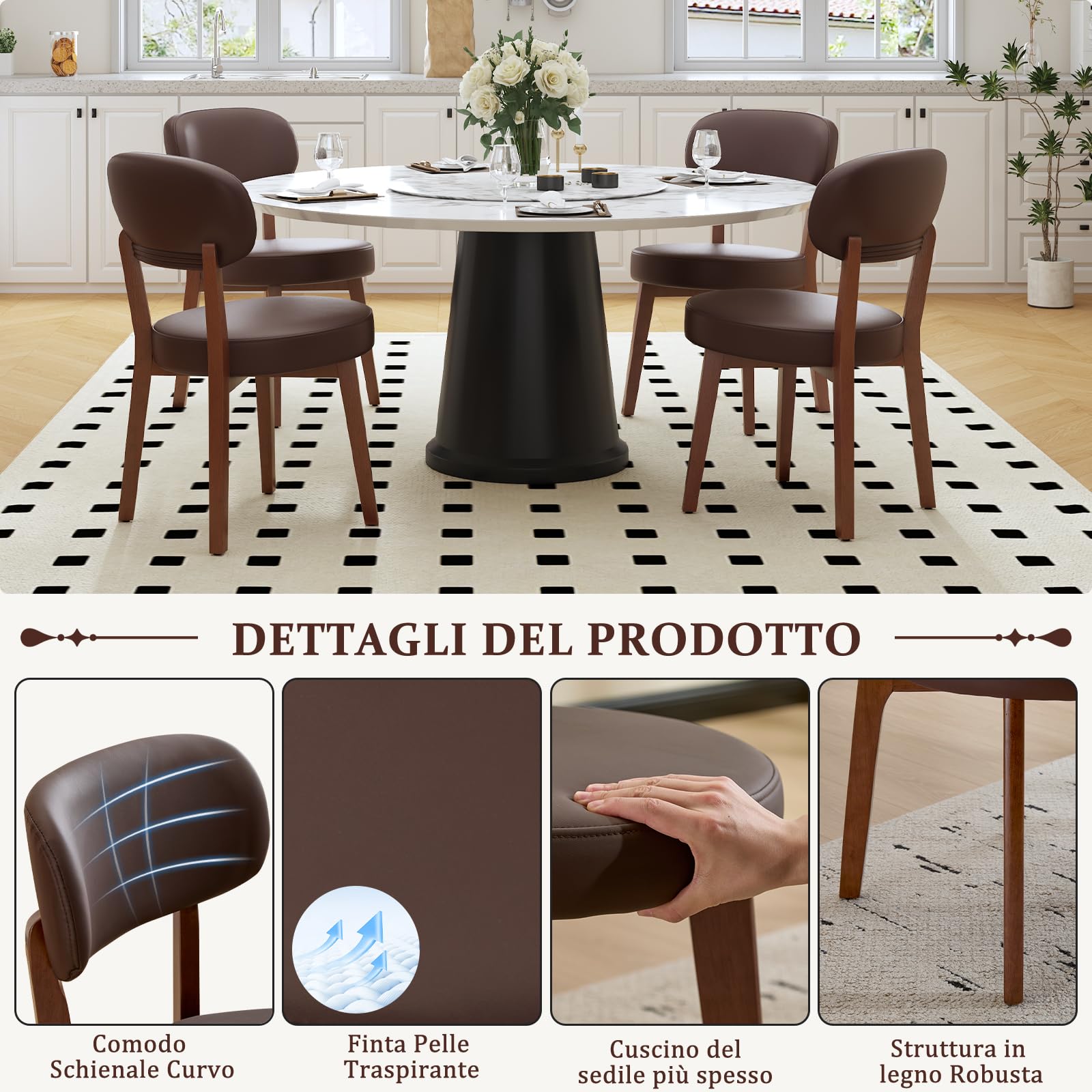 Set di 6 Sedie da Pranzo, Sedie da Cucina in PU, Poltrone da Salotto con Gambe in Legno, Sedia Imbottita Sala da Pranzo per Sala da Pranzo Cucina Soggiorno Camera da Letto, Marrone