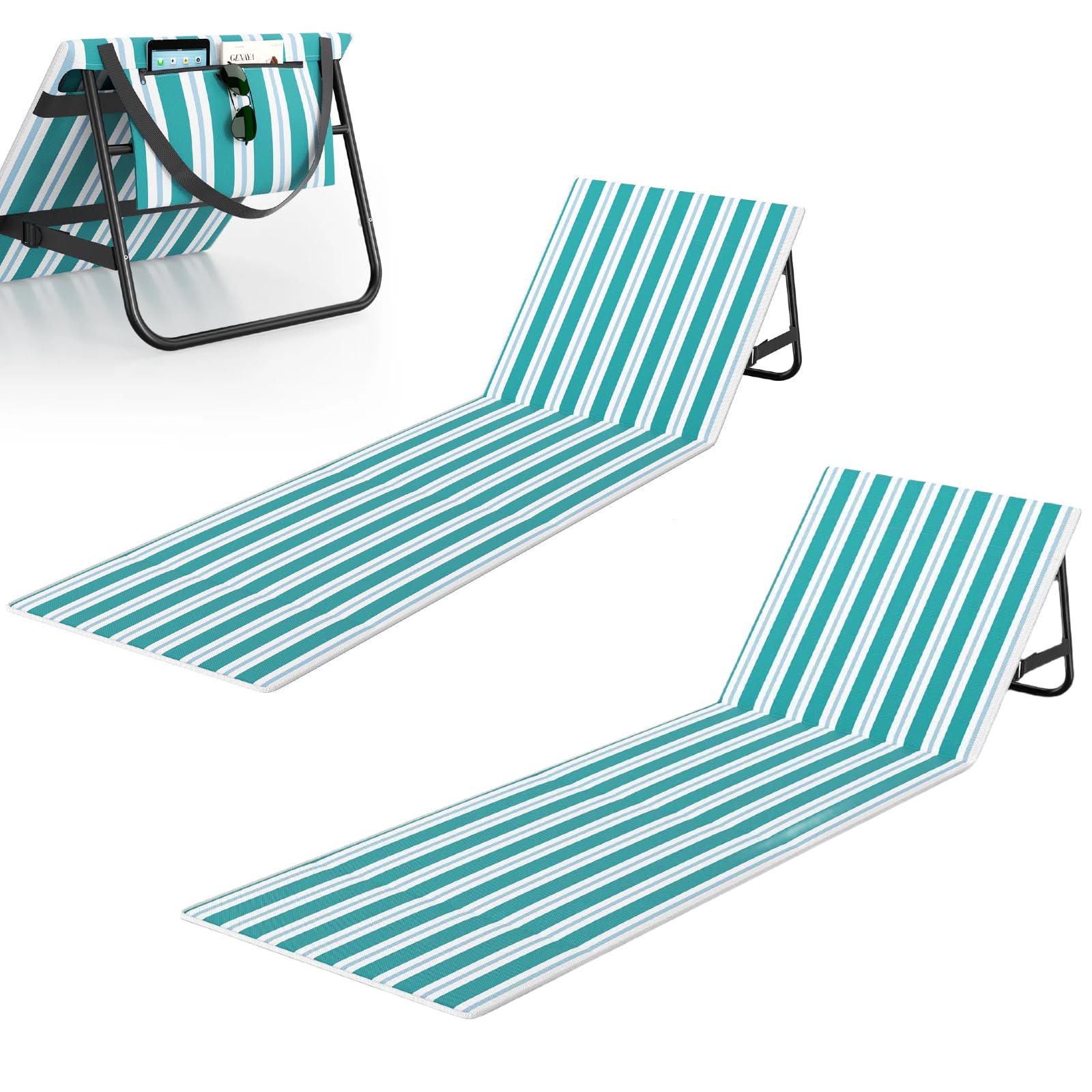 Rhyvorax Adjustable Beach Sun Lounger Mat 2pcs, 180x55cm Lightweight Folding Portable Chair with Backrest & Zipper Pocket for Beach,Pool,Camping,Garden,Travel (blue and white stripes)