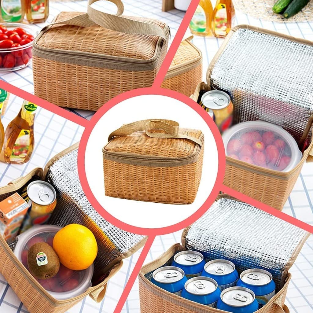 Generic Picnic Bags Thermal Food Basket Lunch Containers Imitation Rattan Insulated Cooler Bag Portable Picnic Basket