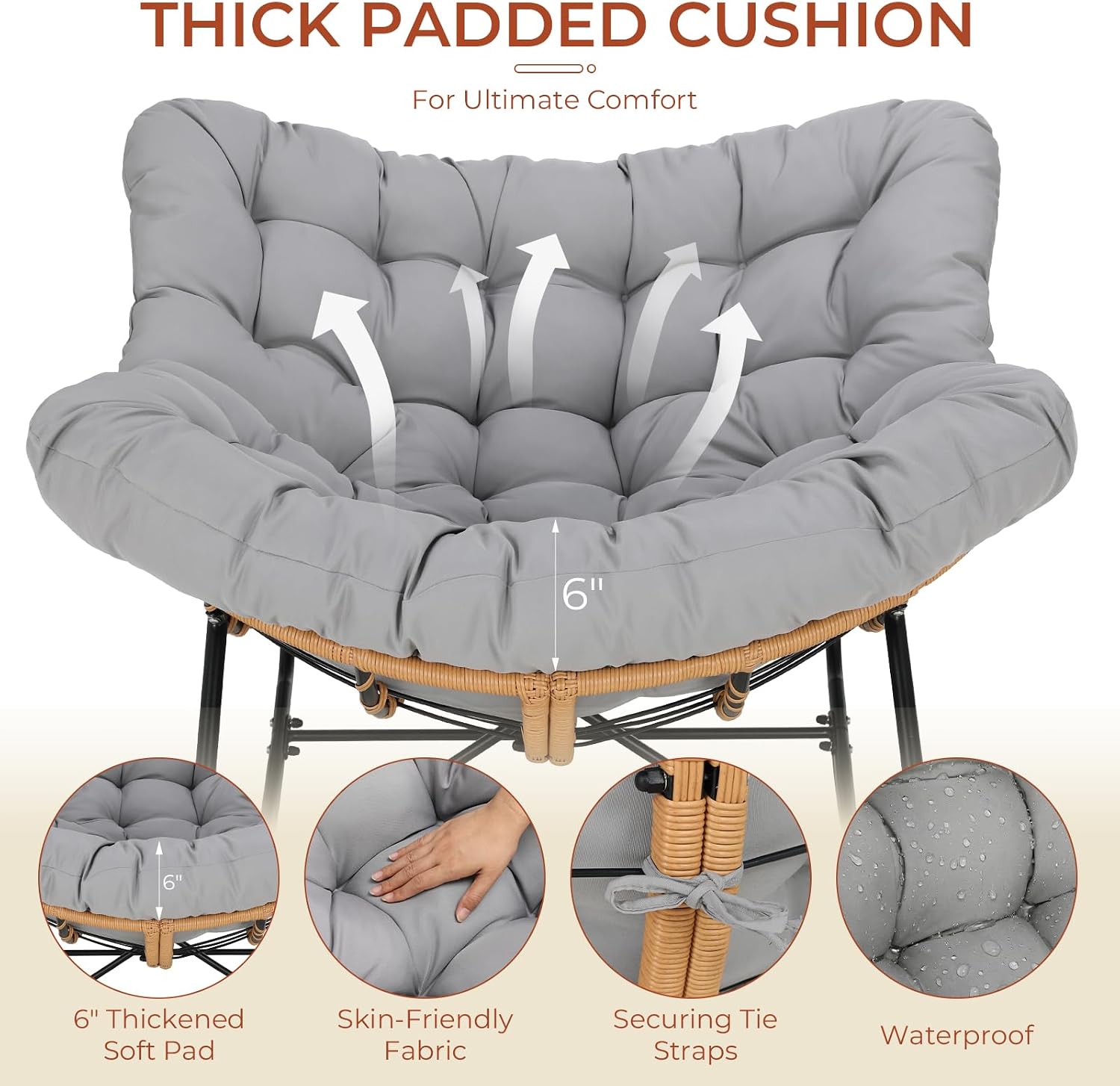 TLSUNNY Outdoor Papasan Rocking Chair, Oversized Padded Lounge Rocker with Cushion, Comfy Wicker Egg Lounge Chair, Large Indoor Rocking Recliner for Living Room/Porch/Garden (1, Grey)