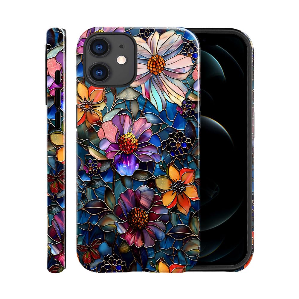 Case for iPhone 12,Glossy Case Cover for Women Girls,Drop Scratch Protective-Artistic Stained Glass Floral
