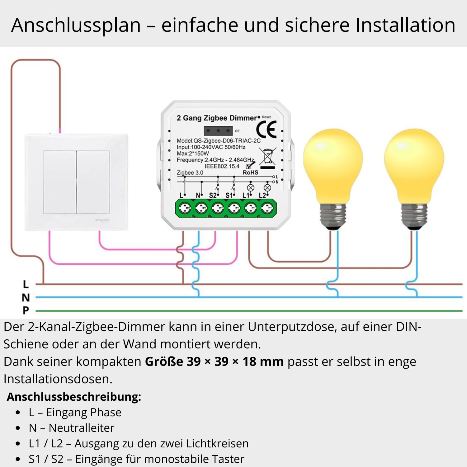 2 GANG Dimmer TUYA Zigbee MINI V3 regolatore di illuminazione