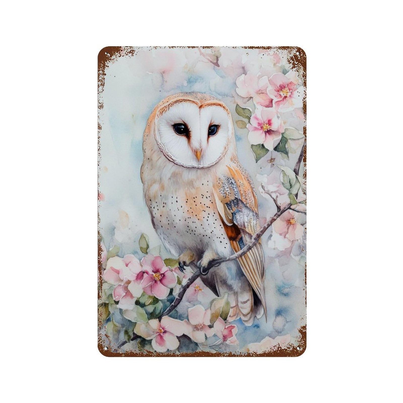 Barn Owl Watercolour Cottagecore Decor Vintage Bird Illustration Floral Enchanted Woodland Wall Decor Art Metal Tin Poster Modern Home Decor Art Home Bar Shop Decorations Vintage Sign 30x20cm