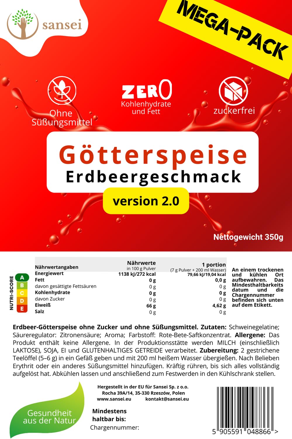 Sansei Erdbeer-Götterspeise ohne Süßungsmittel 350g | Ohne Zucker, 350 g Inhalt und 50 Portionen pro Packung