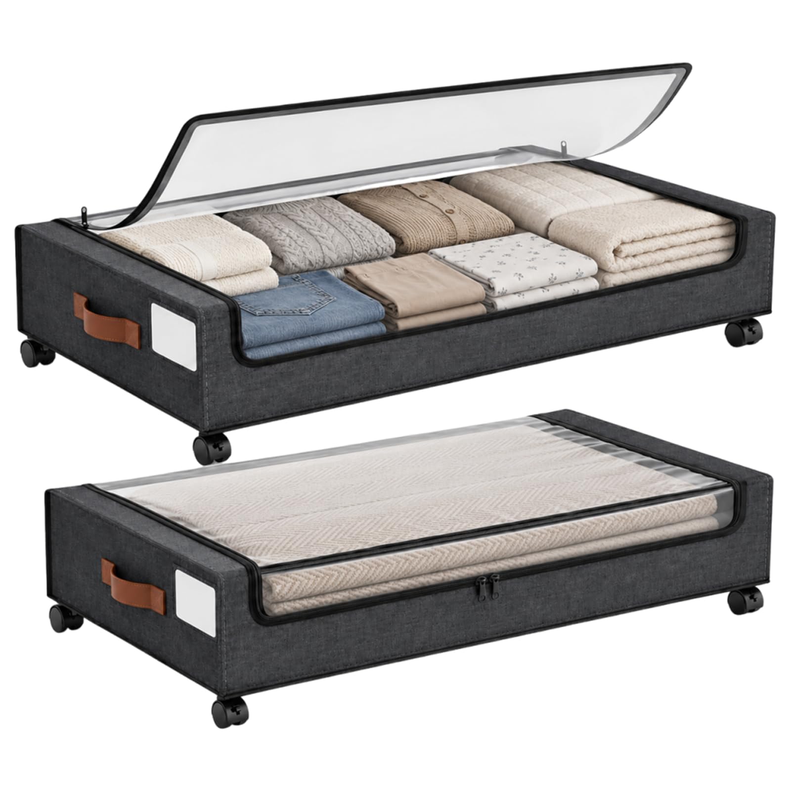 AKOLAFE Lot de 2 boîtes de rangement sous le lit avec roulettes - 78 x 43 x 17 cm - Pliable avec couvercle - Poignée en polyuréthane - Gris - Pour vêtements et linge de lit
