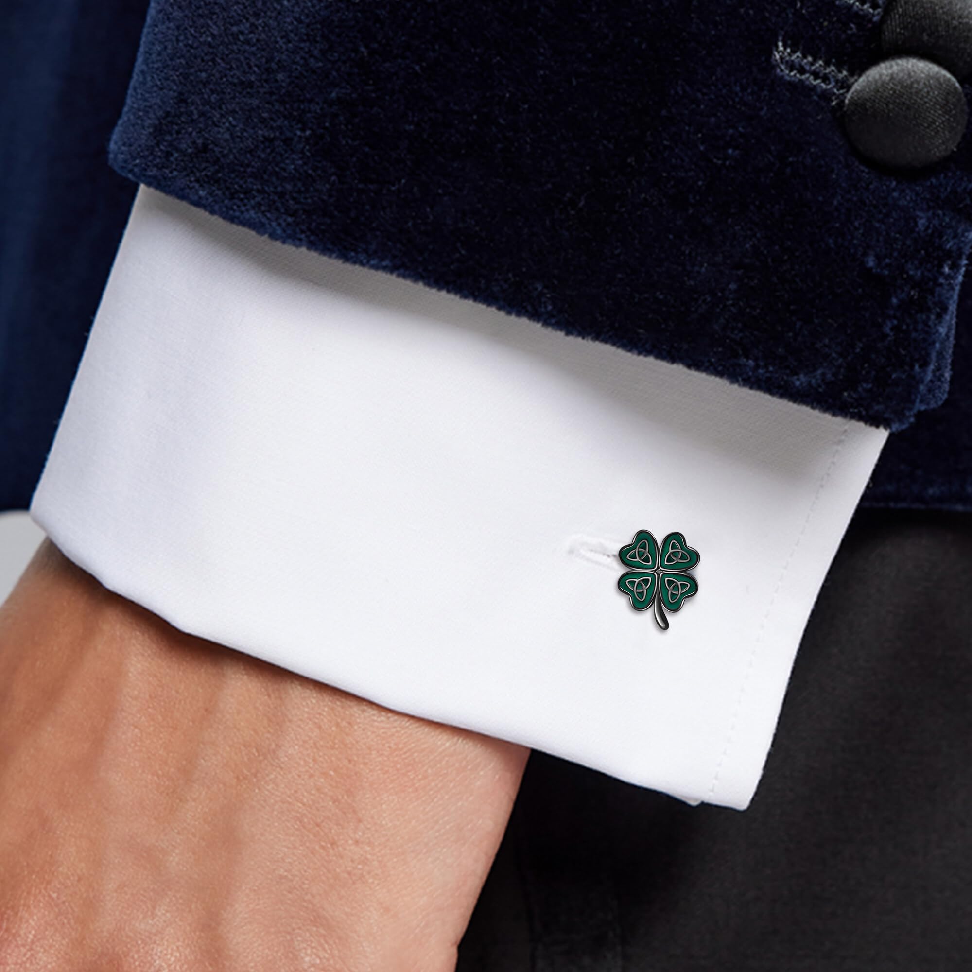 Gemelli a quadrifoglio in argento Sterling con quadrifoglio nero verde smoking gemelli per marito padre fratello, Taglia unica, Argento sterling, Nessuna pietra preziosa