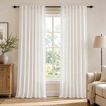 Deconovo Sheer Curtains, Light Filtering Linen Blend Drapes with Hidden Tabs and Pleat Tape, for Living Room Bedroom Dining Room, White, 50" W x 84" L, 2 Panels