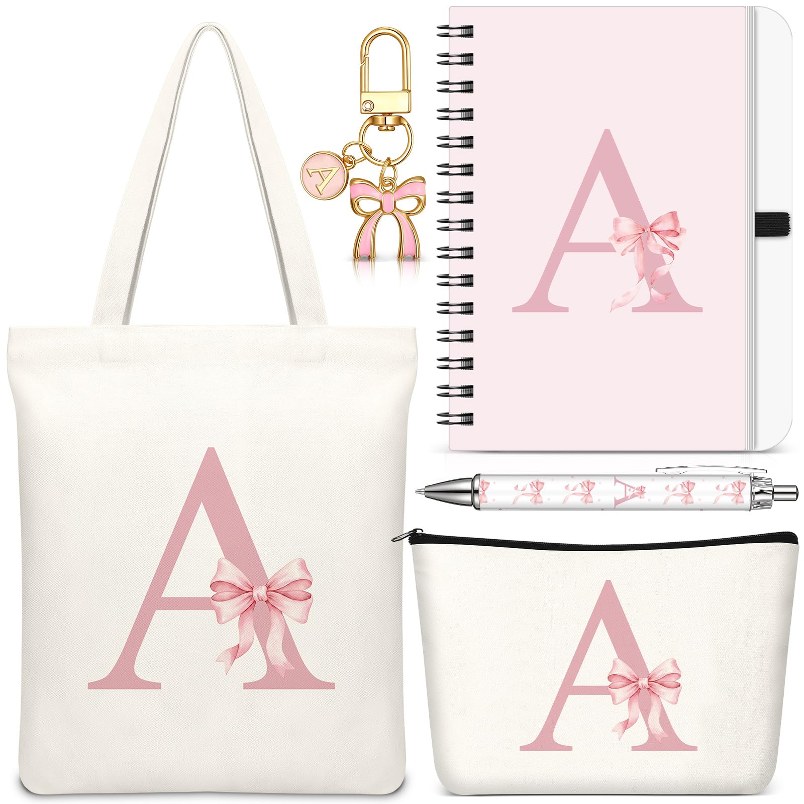 Hestya 5 Pcs Initial Tote Bag Gift Set, Makeup Bag + Shoulder Bags + Keyring + Notebook + Ballpoint Pen, Alphabet Theme Practical Gift for School Birthday Christmas(Beige Pink,Letter A) โ image 1
