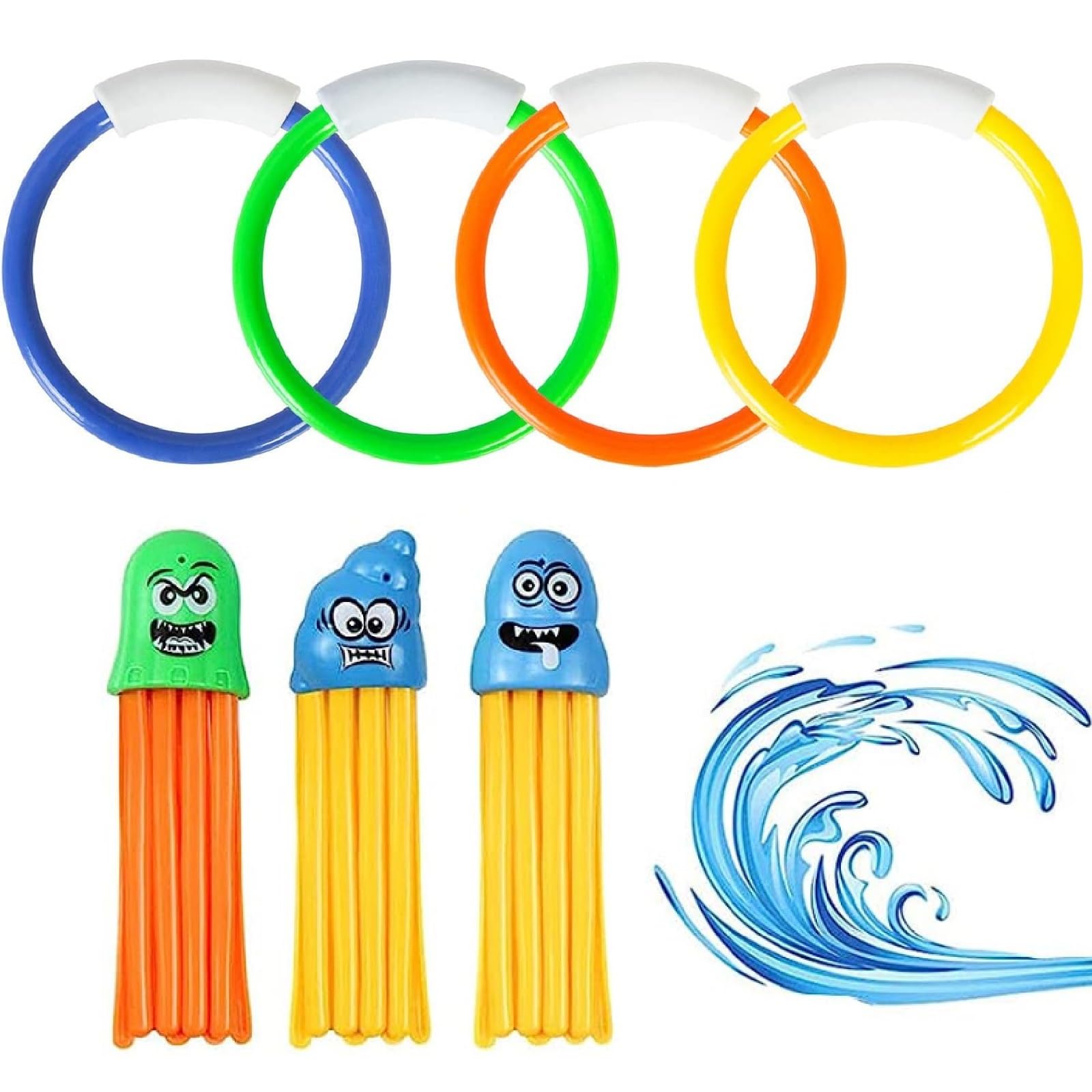 Kiuiom Juguetes para Nadar Bajo Agua, Juguetes de Buceo, Juguete Acuático para Piscina​, 4PCS Anillos de Buceo y 3PCS Pulpos de Buceo Juguetes de Piscina Entrenamiento Juego para Niños