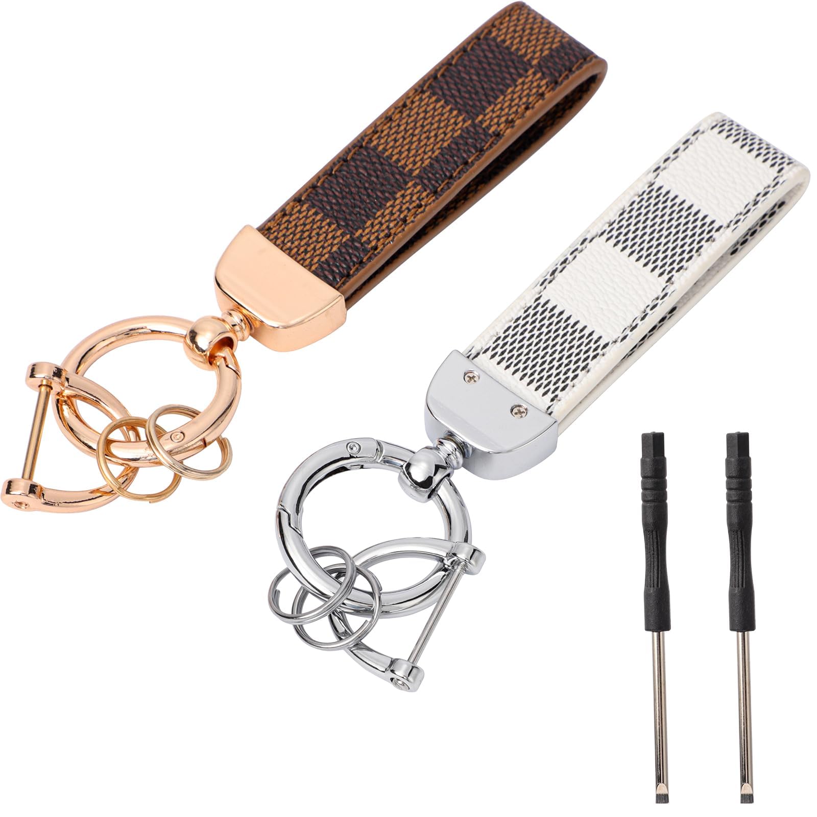 Leather Car Keychain, 2Pcs Stainless Steel Keyring with Anti-Lost D Buckle, Scratch Resistant Key Ring Accessories with 2 Pcs Screwdriver, Ideal for Car, Motorcycle, Bike, House Keys, Brown, White