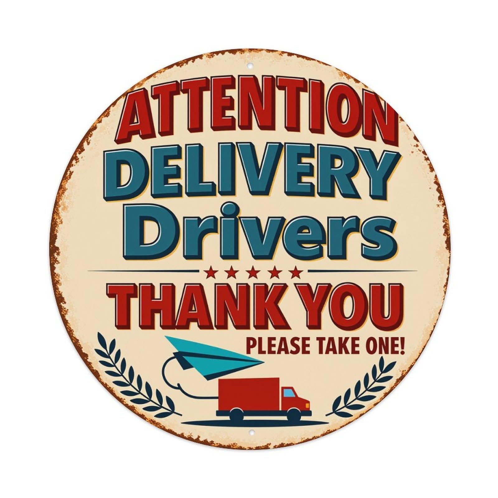 Attention Delivery Drivers Thank You Please Take One Round Tin Sign Vintage Metal Poster Retro Bar, Home, Man Cave, Kitchen, Laundry Room Wall Art Decor Gift 8x8Inch